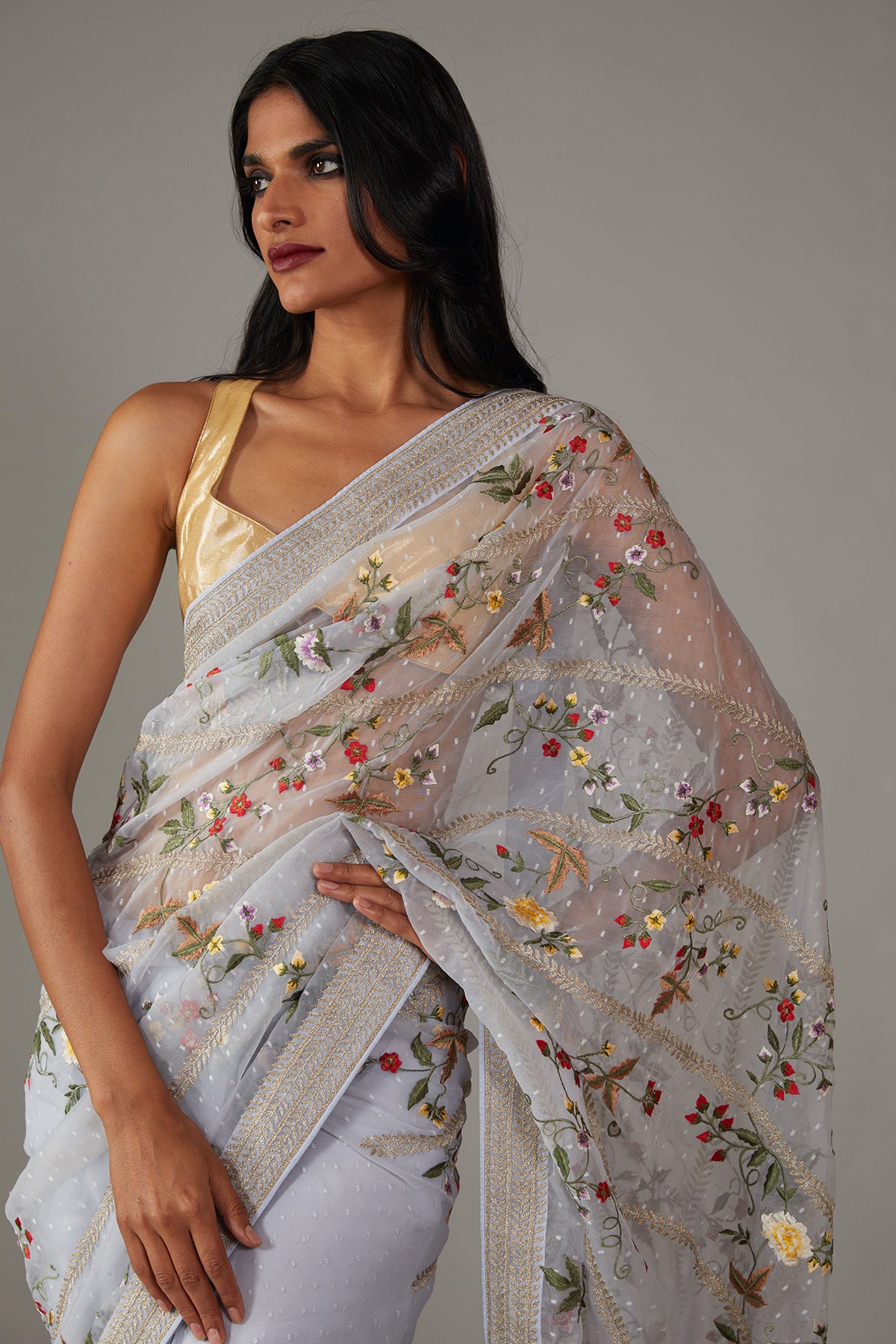 Powder Blue Organza Saree With Embroidery Work