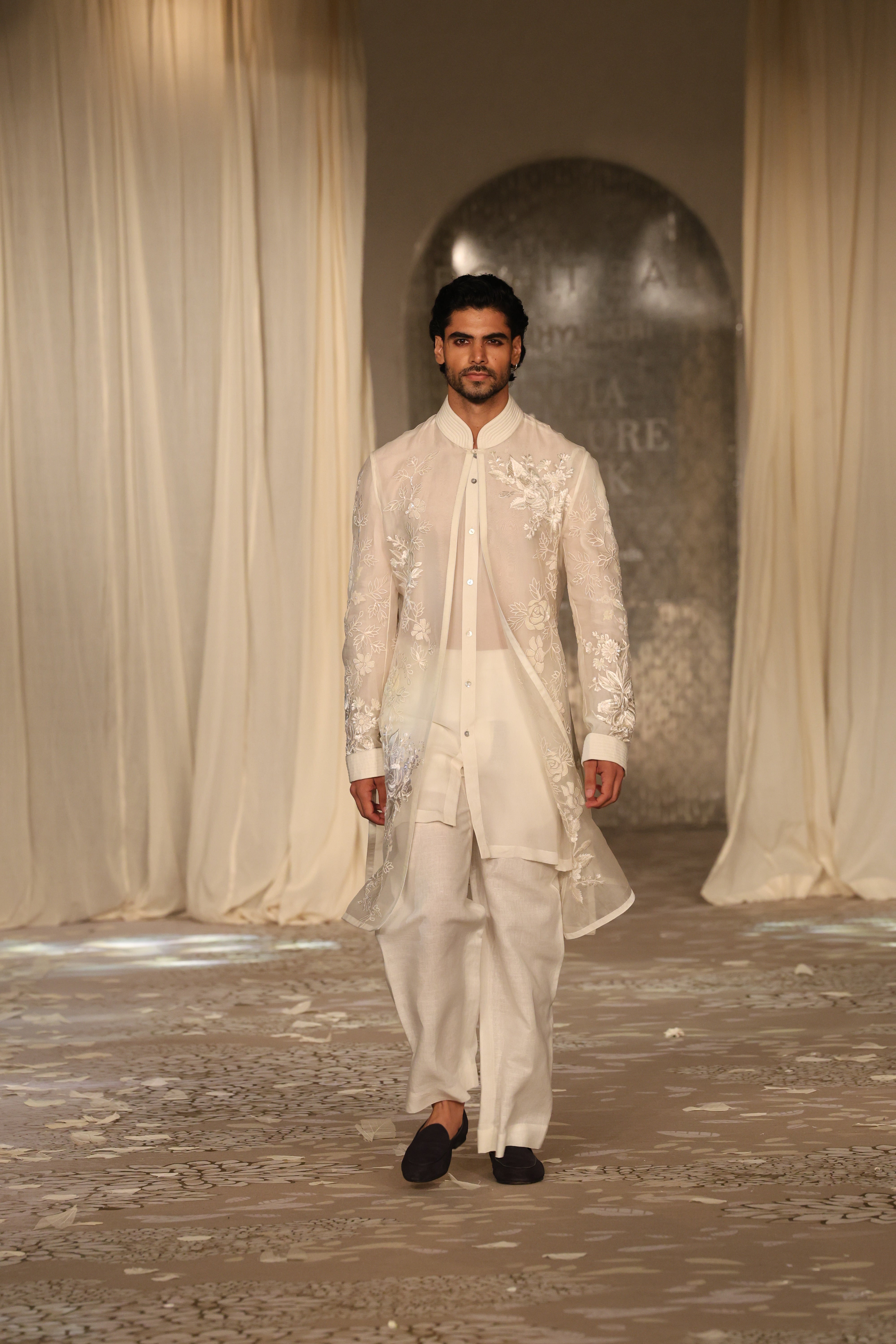 Ivory Organza Sherwani With Embroidery