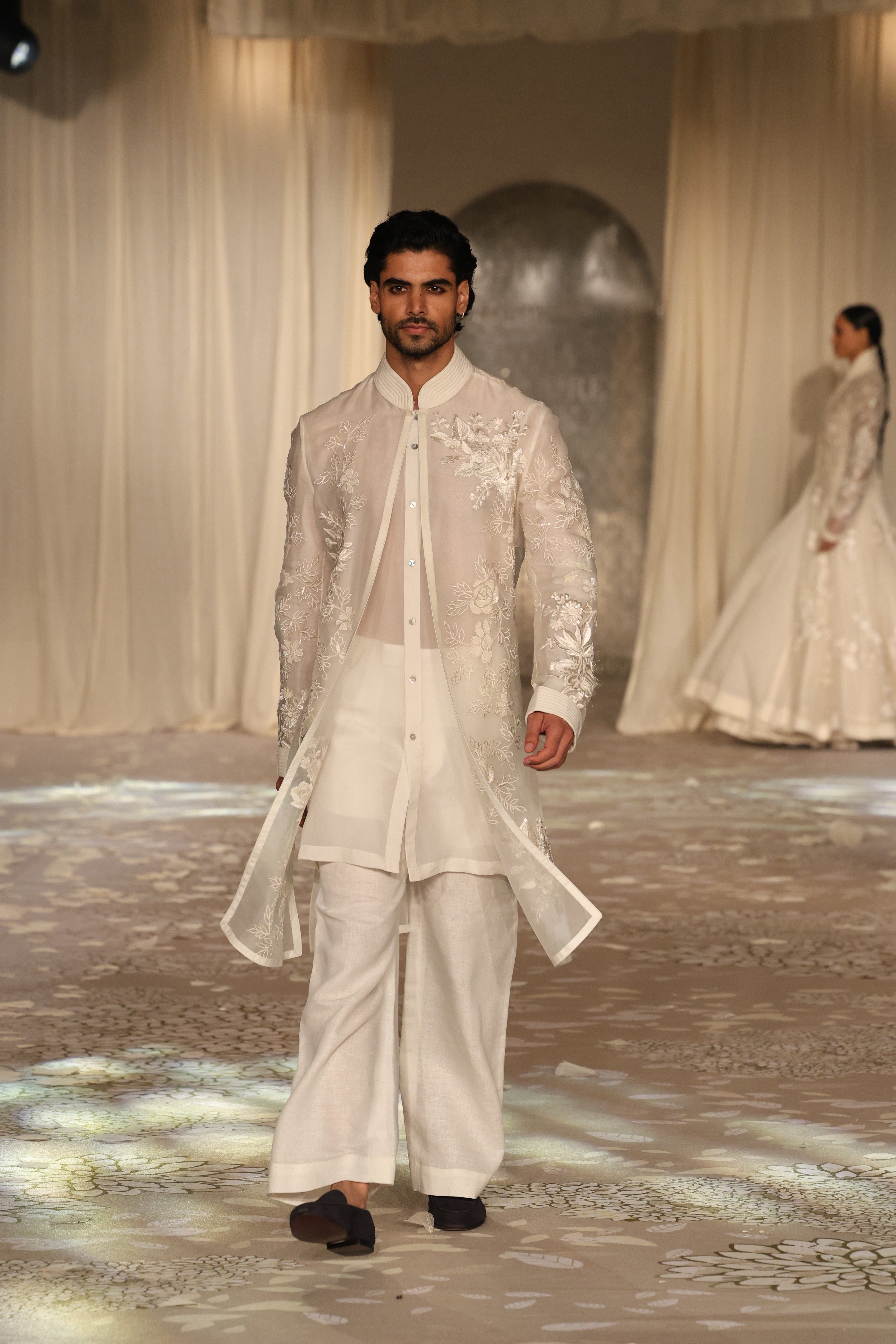 Ivory Organza Sherwani With Embroidery