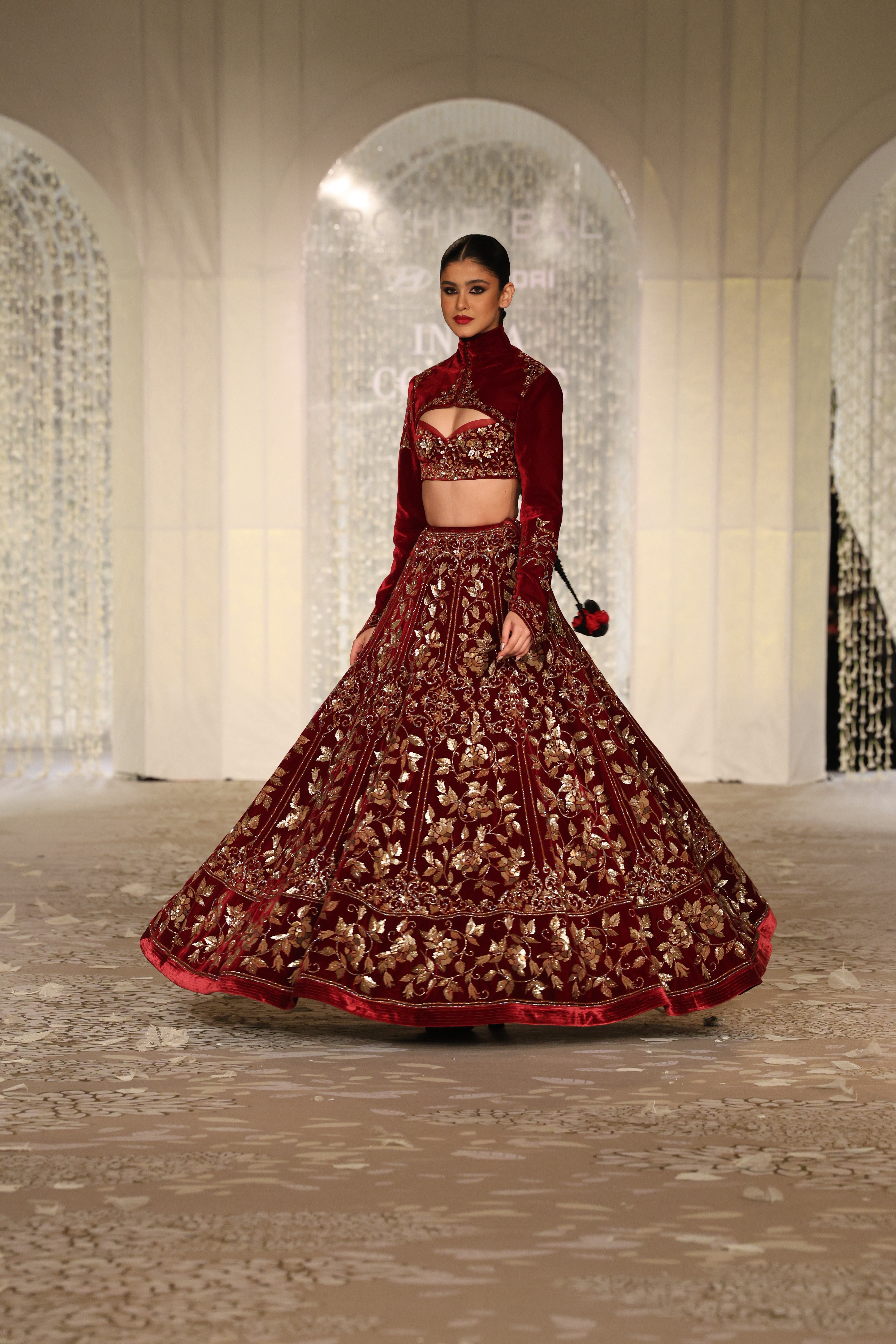 Velvet lehenga set with floral Embroidery
