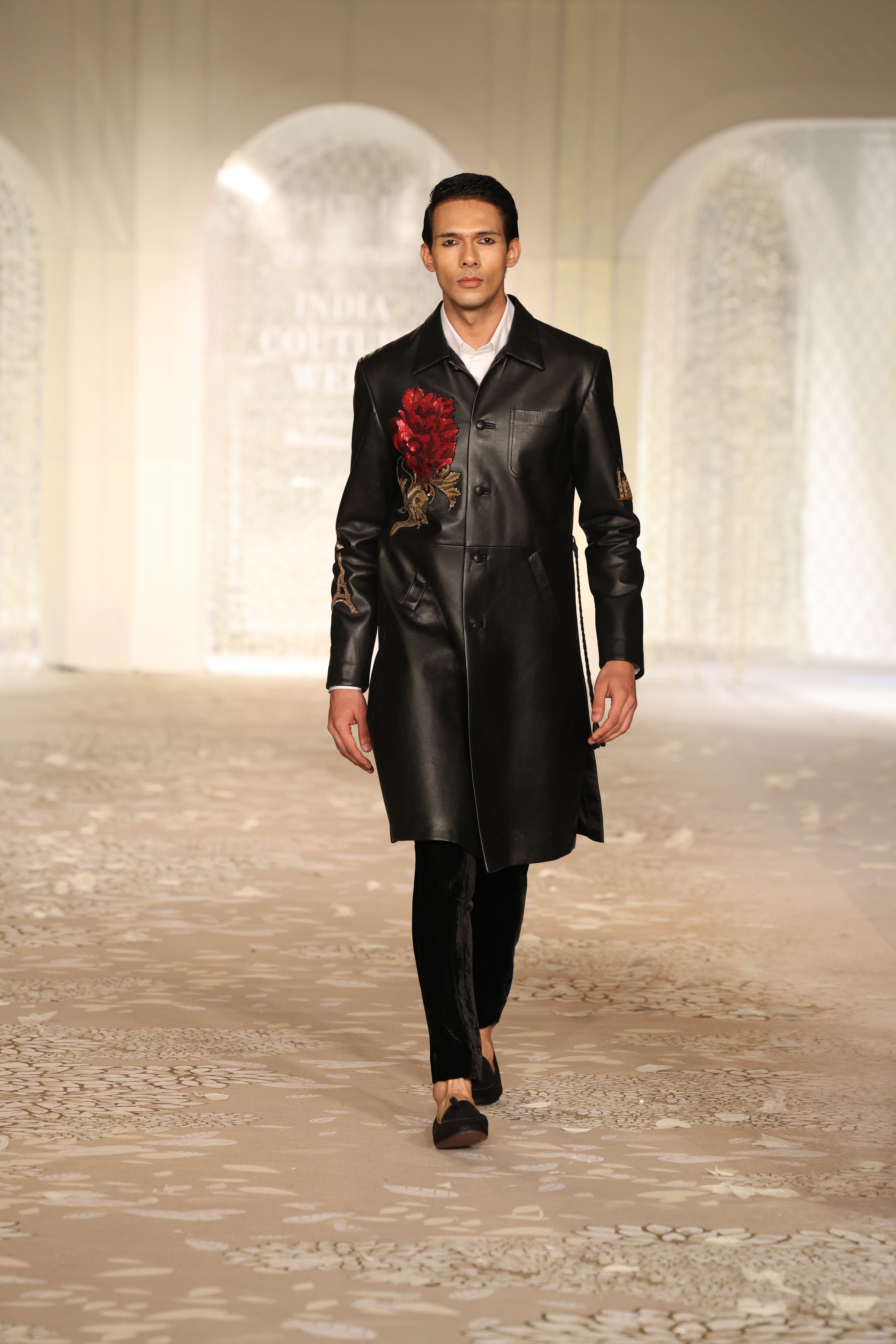 Leather Long Jacket with Floral Embroidery