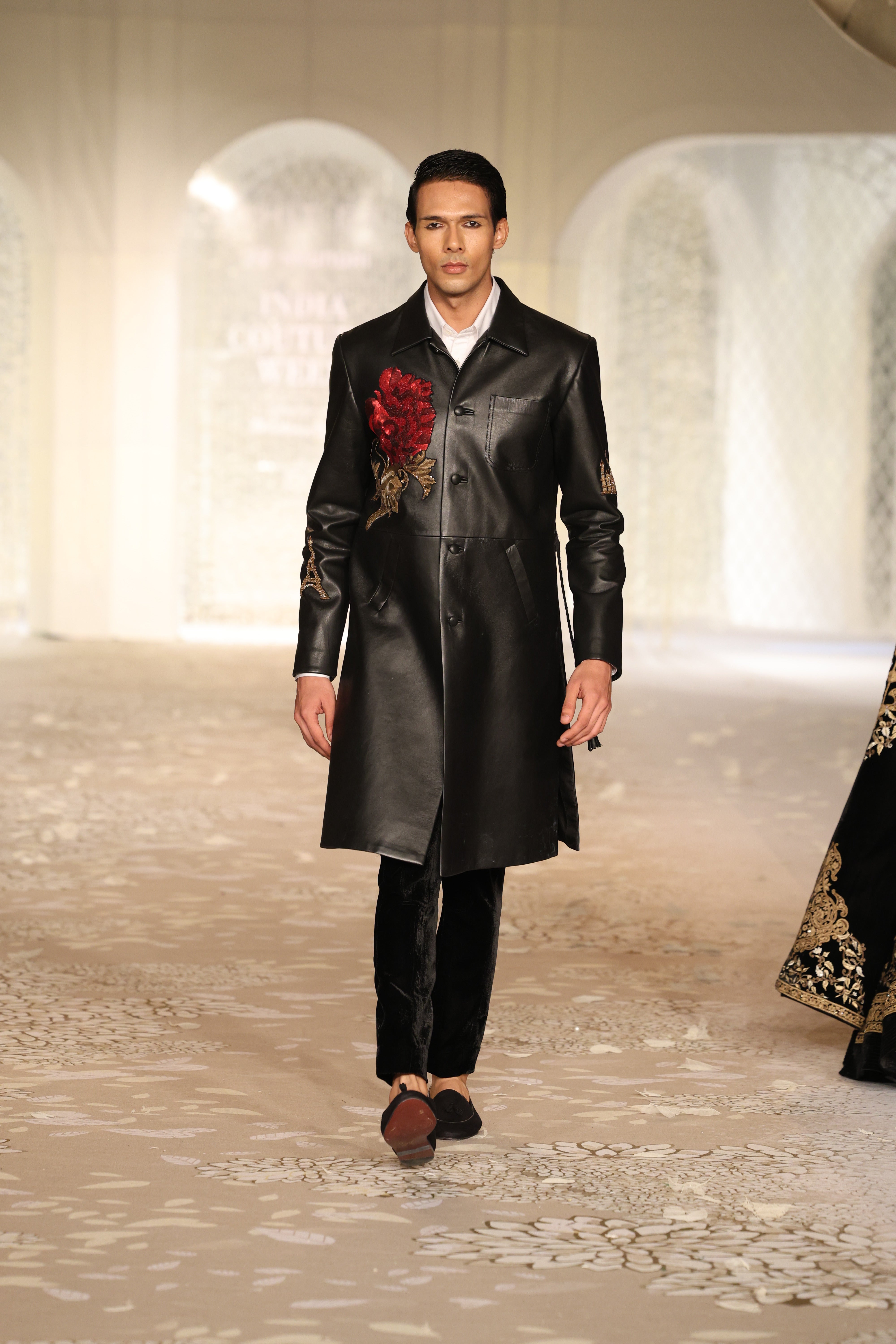 Leather Long Jacket with Floral Embroidery
