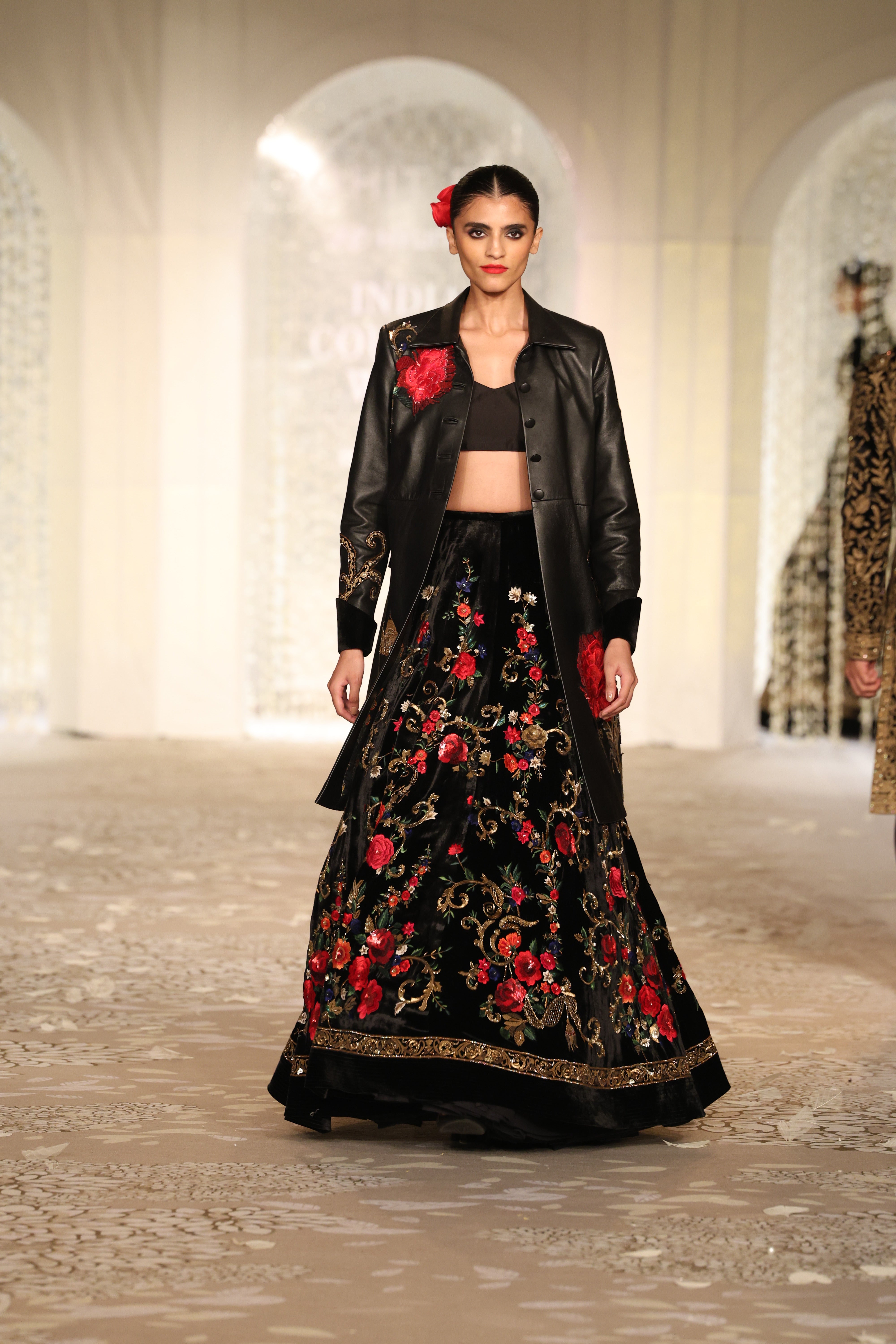 Embroidered Leather Long Jacket