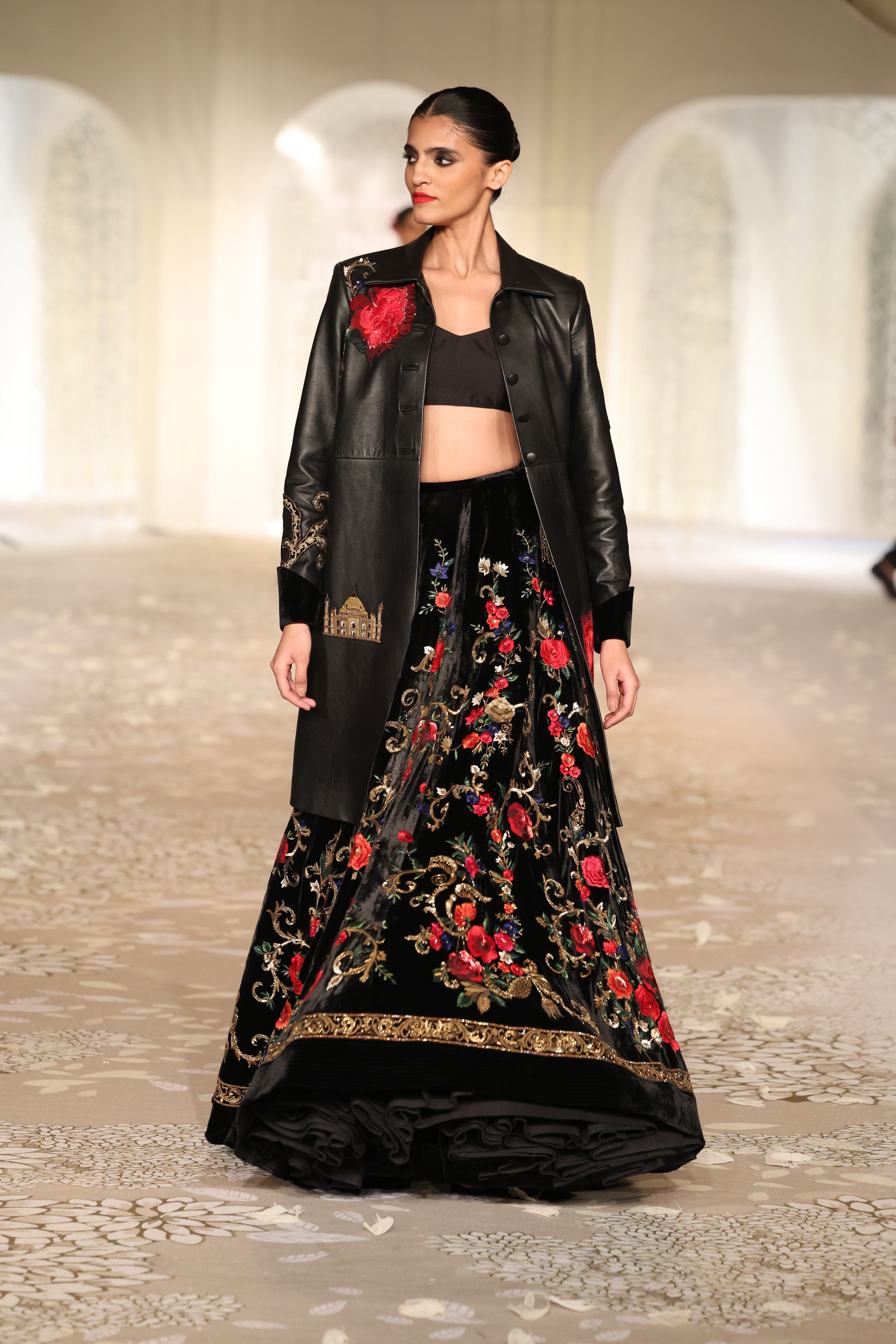 Embroidered Leather Long Jacket