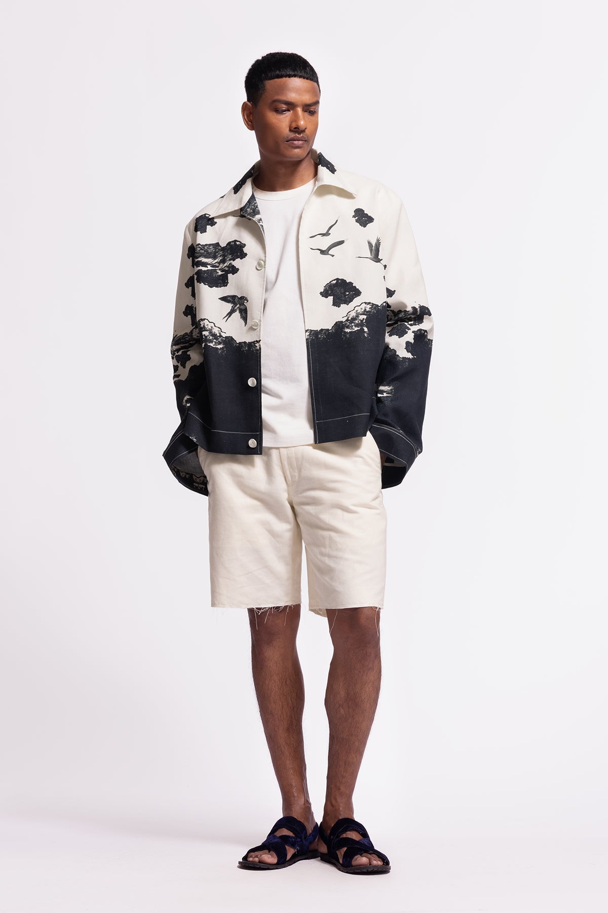 Men's Ivory Bird Print Linen Jacket