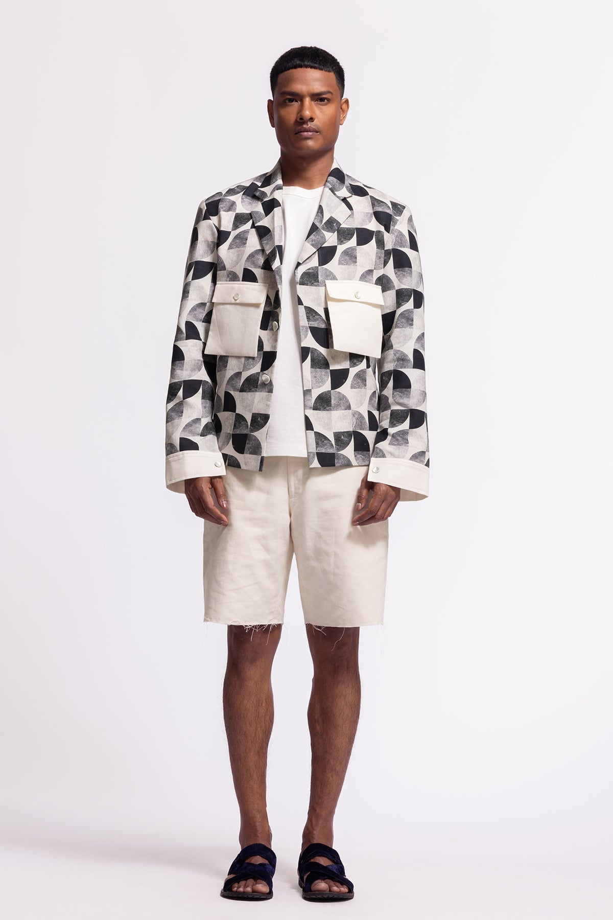 Men's Ivory Printed Linen Jacket with Pockets