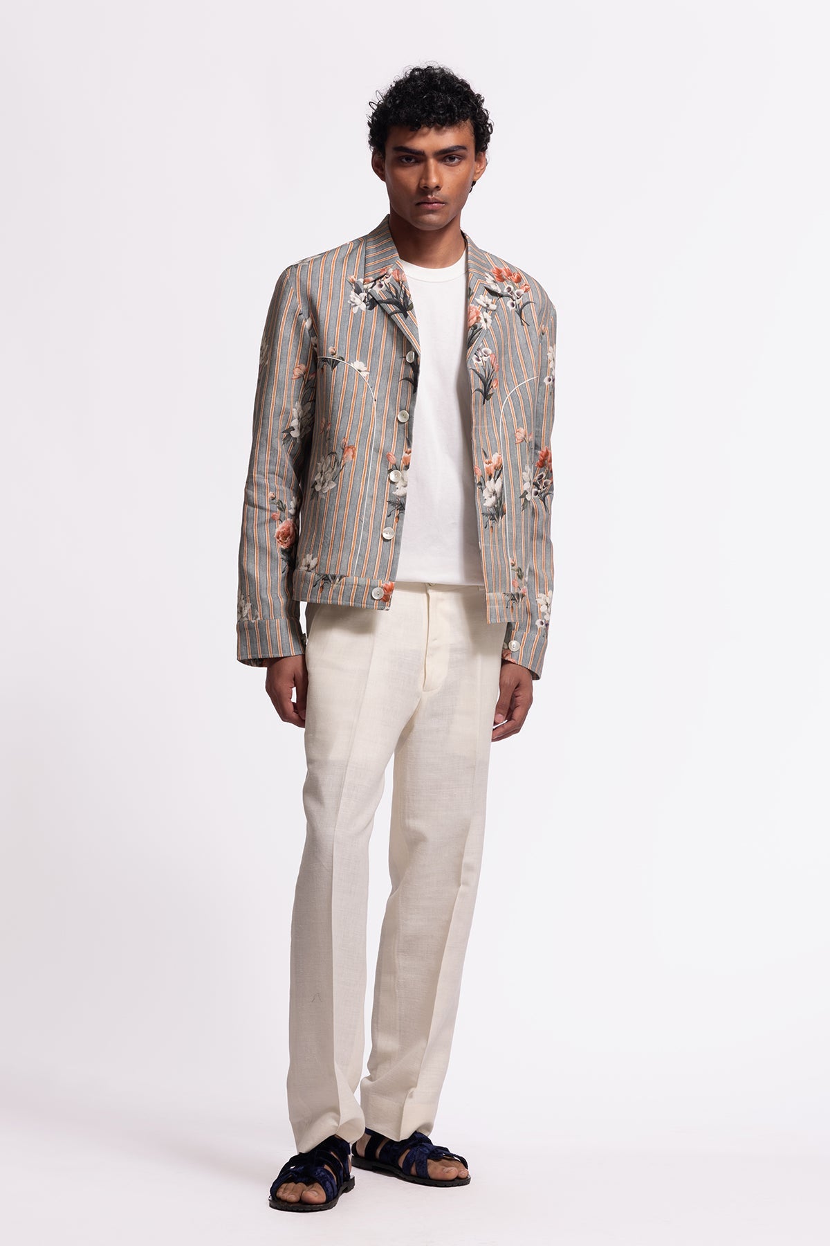 Men's Grey Striped and Floral Printed Jacket