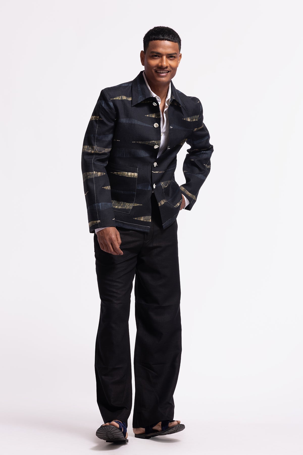 Men's Black Printed Linen Jacket