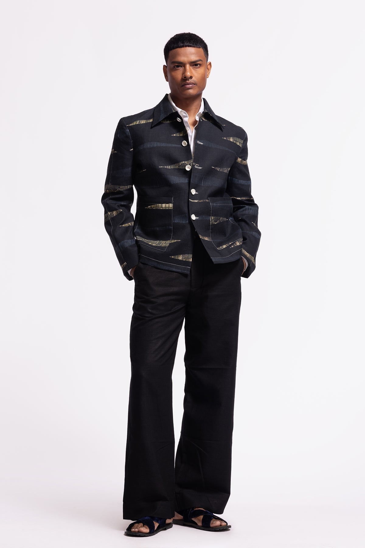 Men's Black Printed Linen Jacket