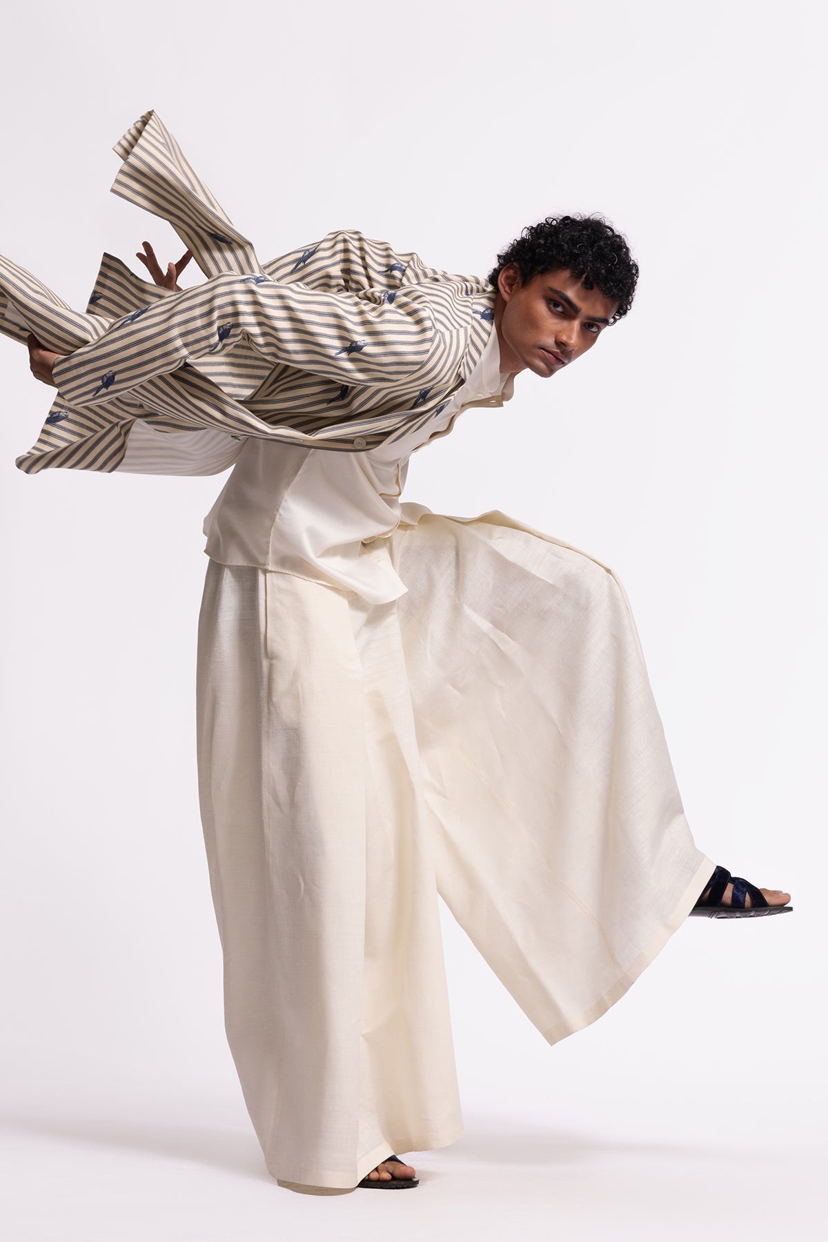 Men's Ivory Bird Printed Long Jacket