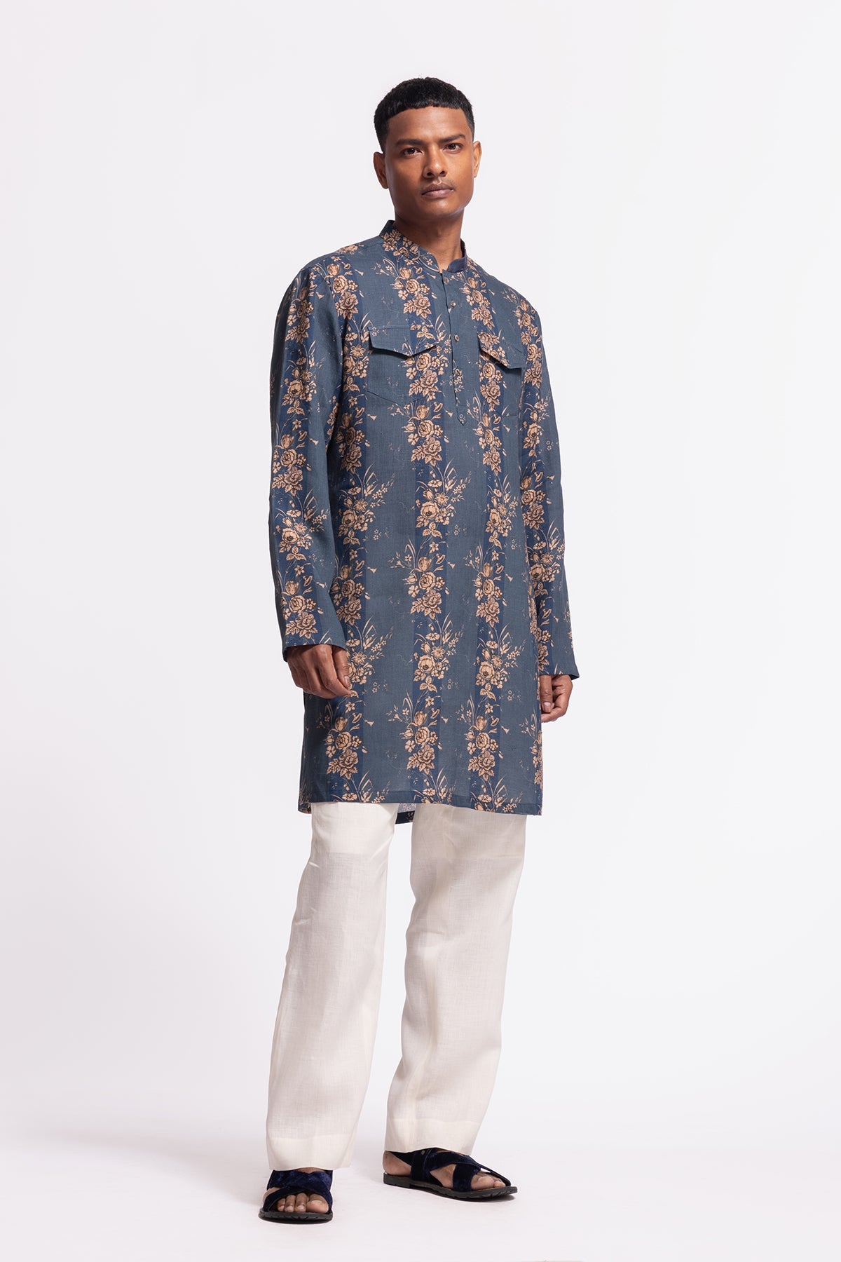 Men's Floral Printed Linen Short Kurta with Pockets