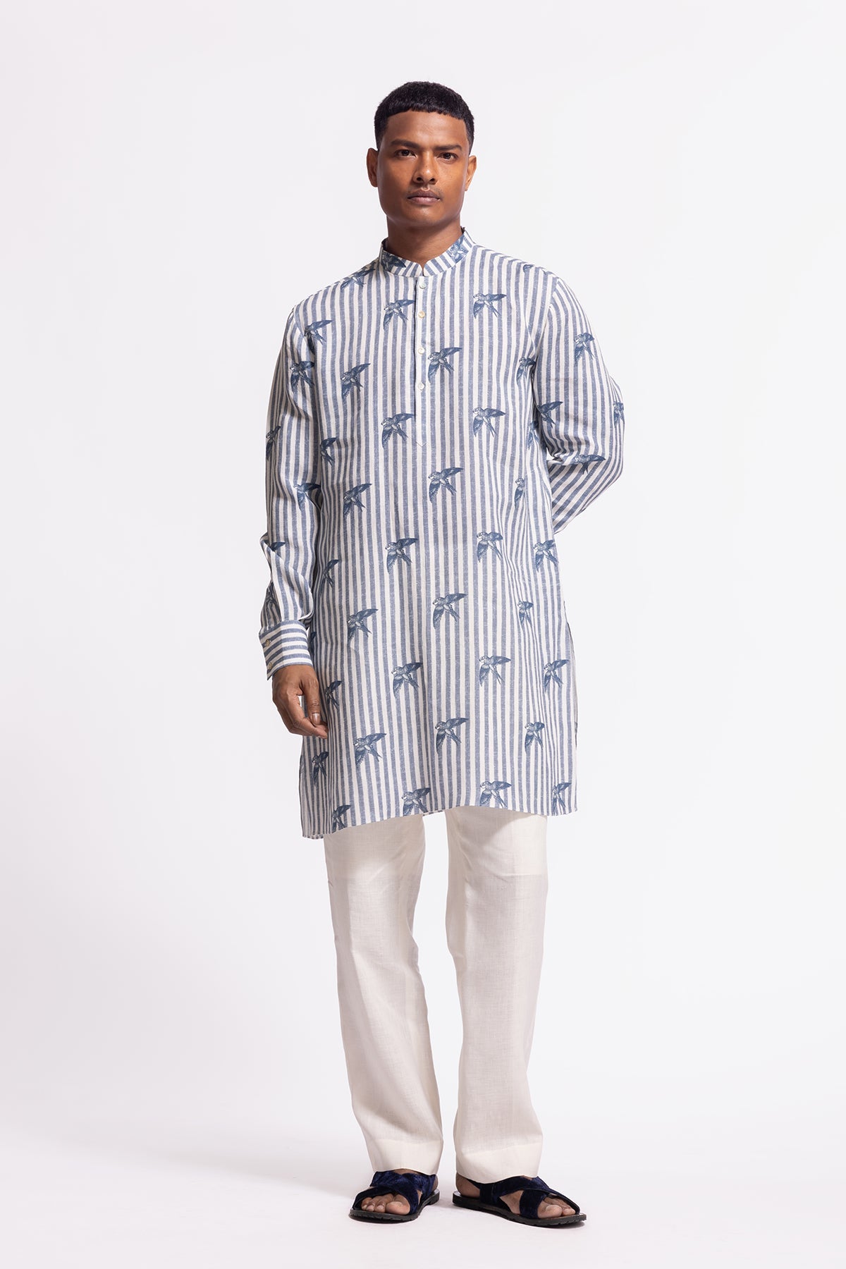 Men's Bird Print Short Kurta with Pockets