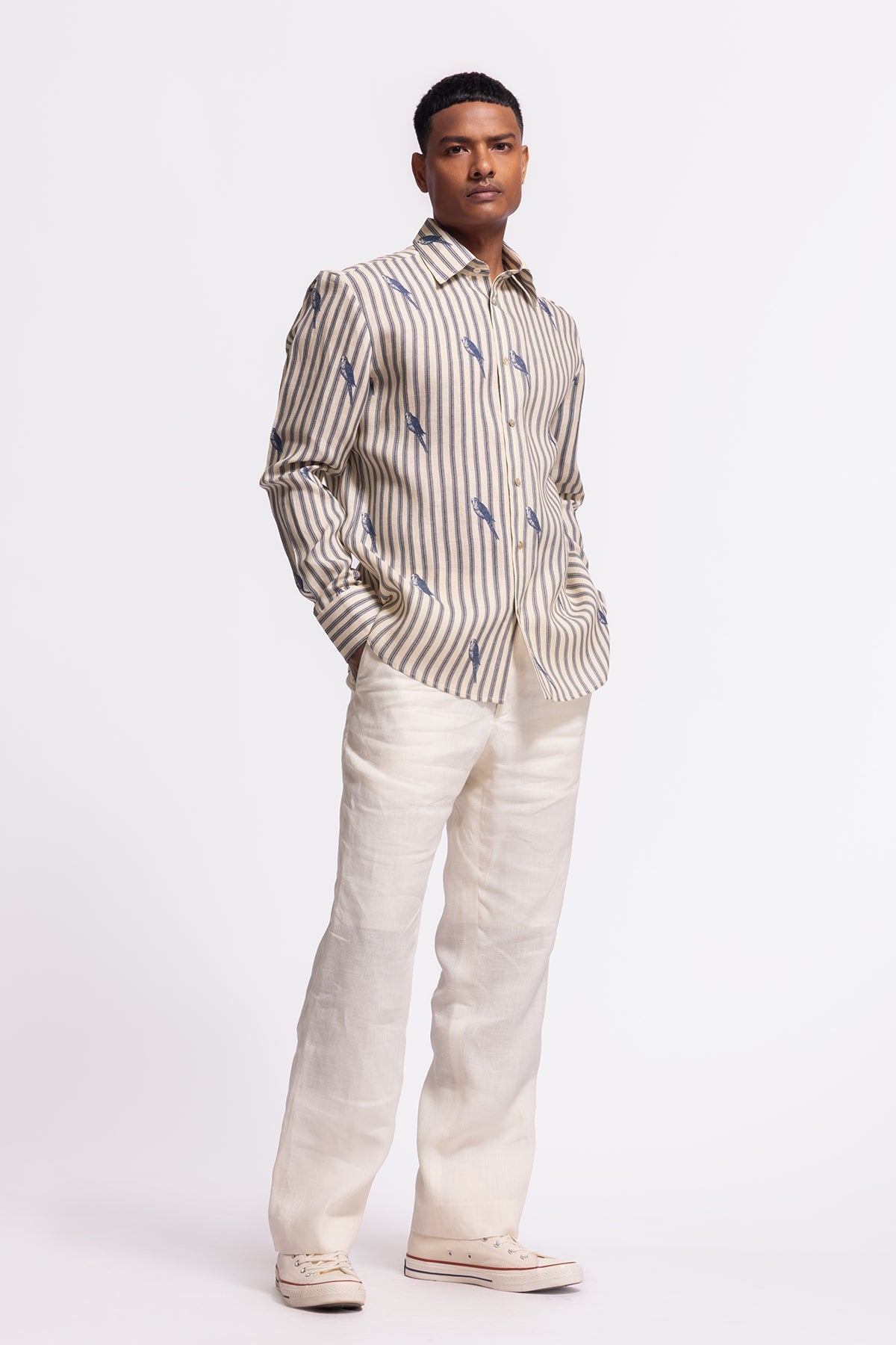 Men's Ivory Bird Print Linen Shirt