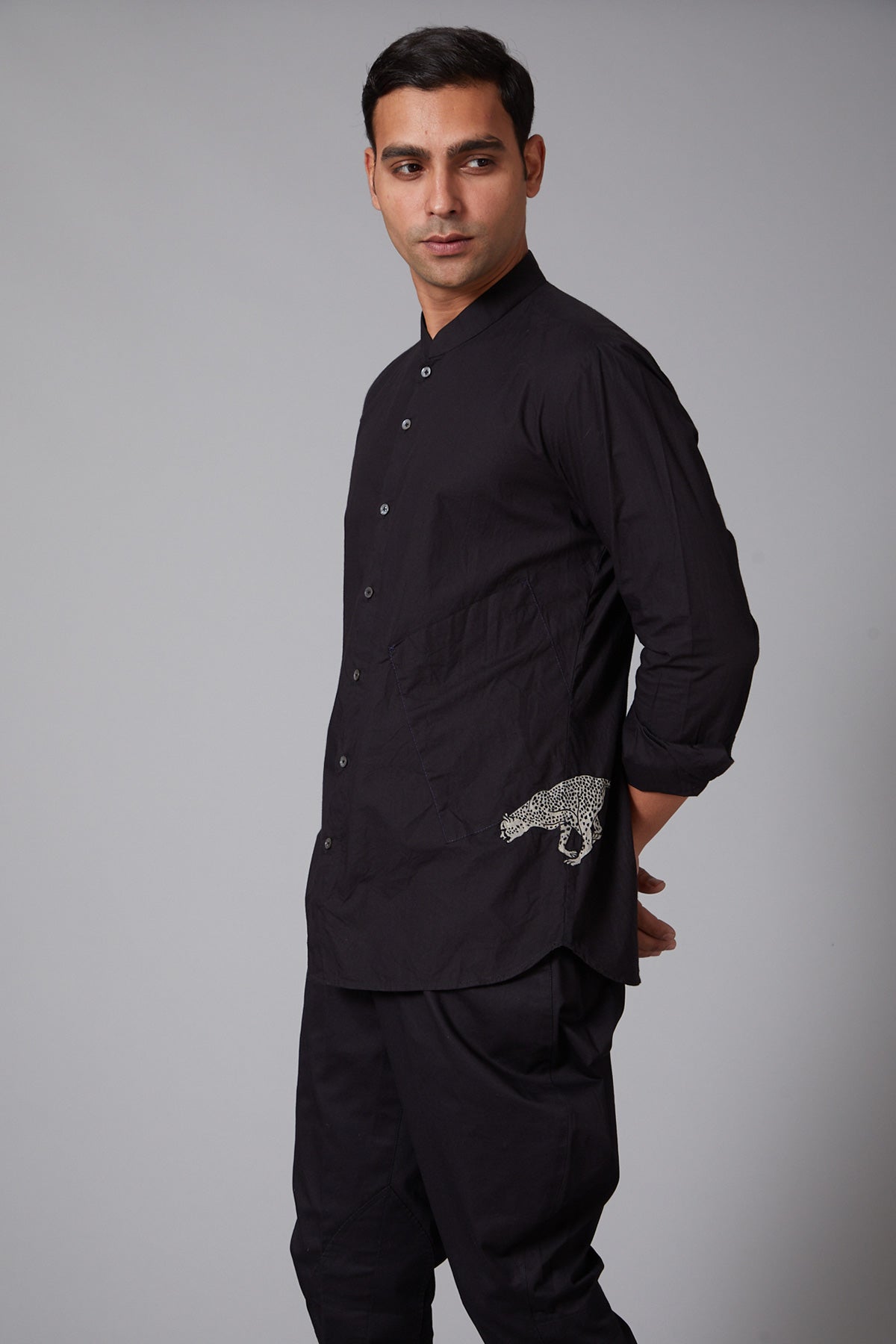 Black Poplin Cheetah Embroidered Shirt