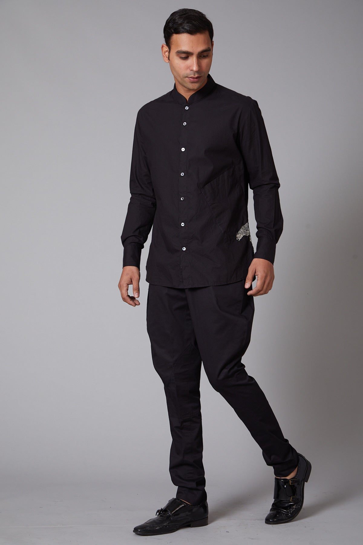 Black Poplin Cheetah Embroidered Shirt