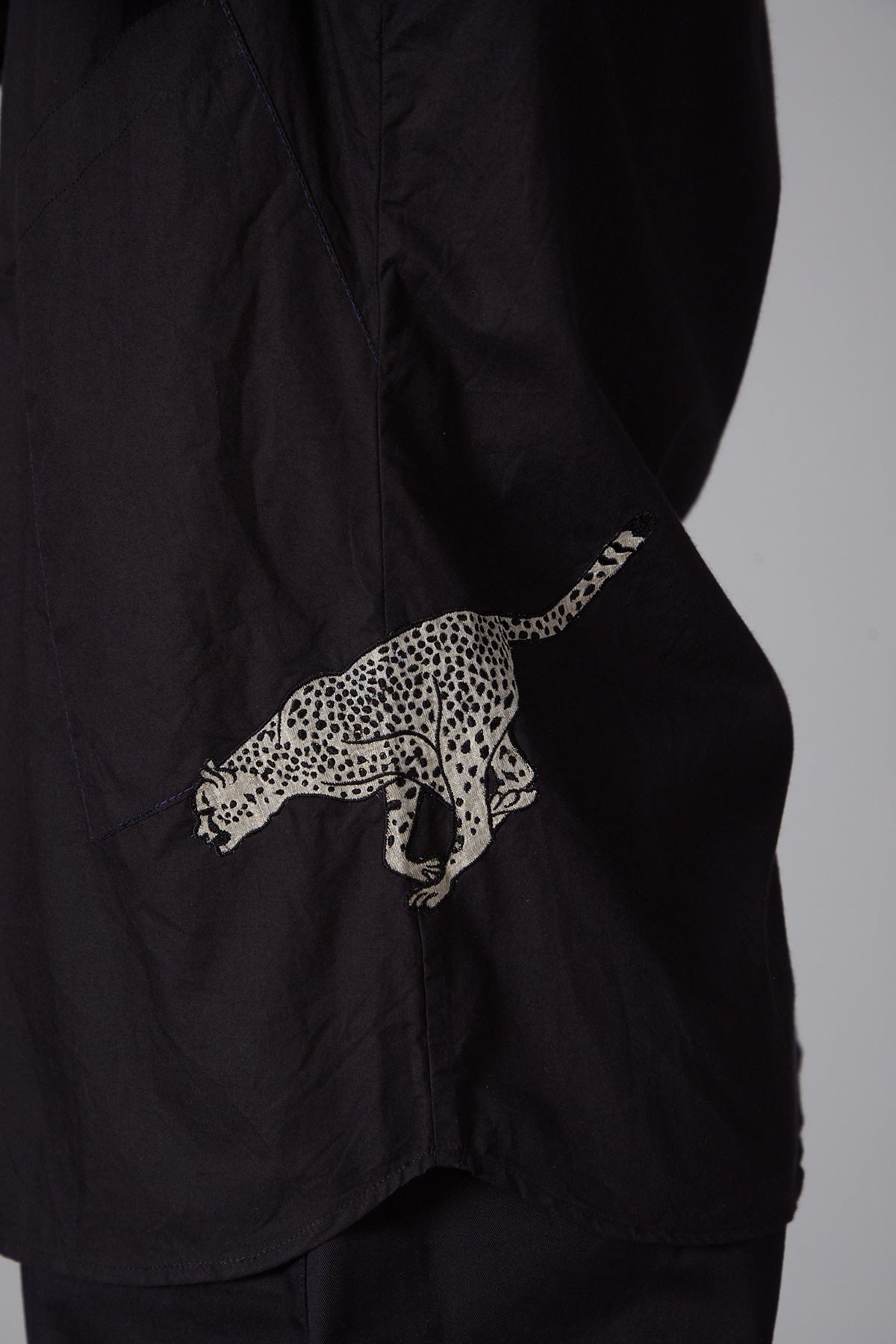 Black Poplin Cheetah Embroidered Shirt