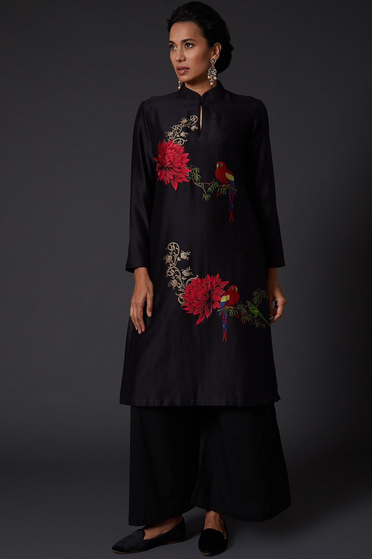 Black Printed & Embroidered Chanderi Silk Tunic Set