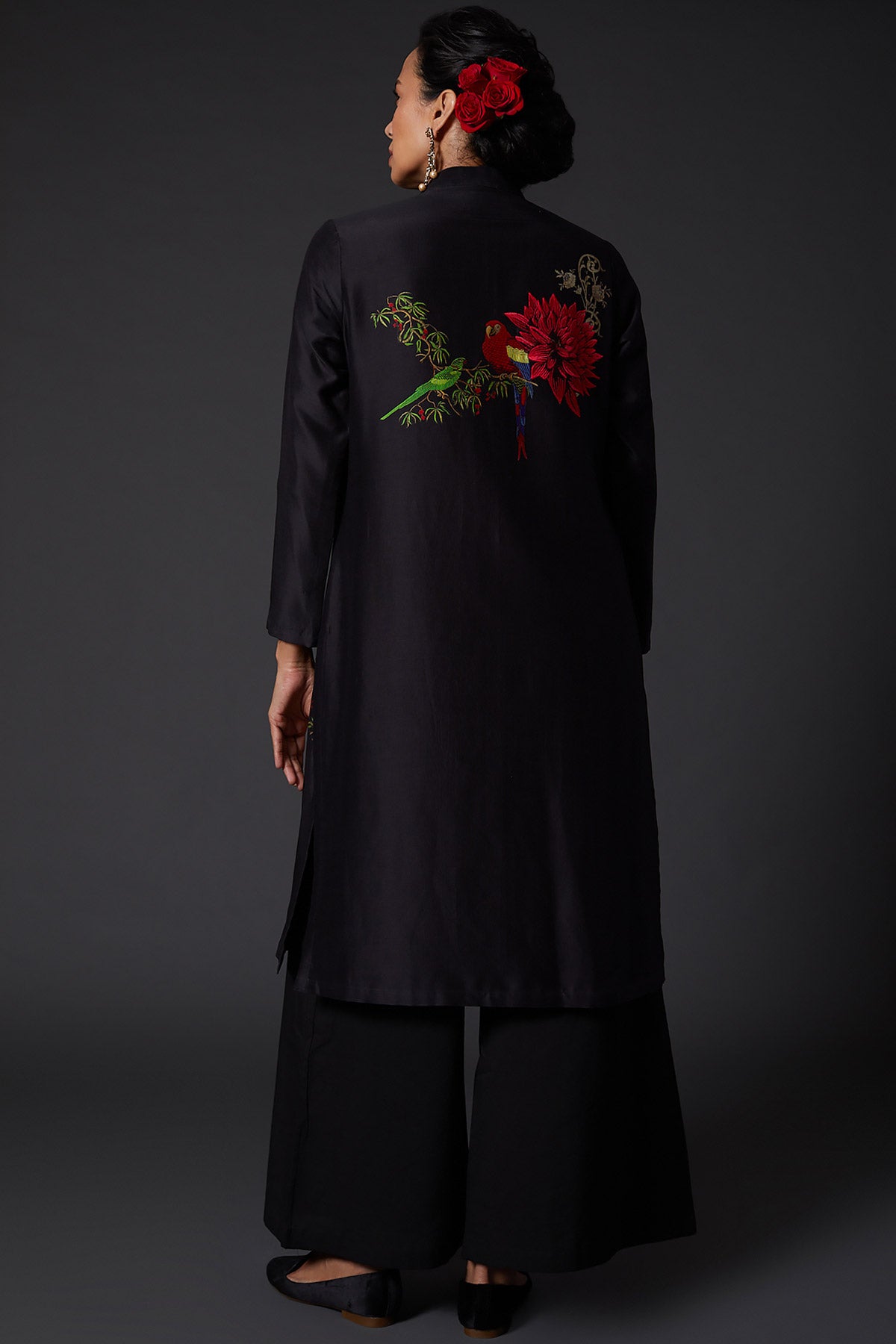 Black Printed & Embroidered Chanderi Silk Tunic Set