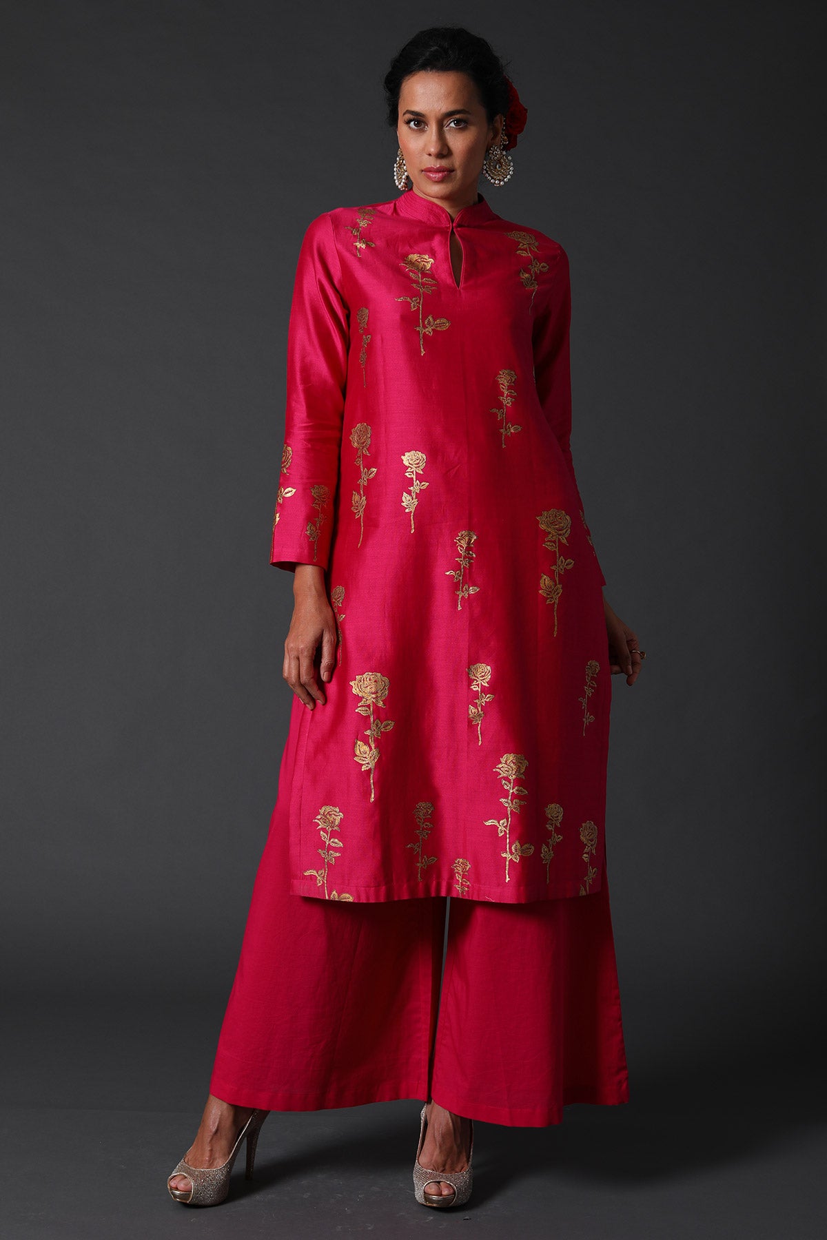 Fuchsia Block Printed Tunic Set In Chanderi Silk