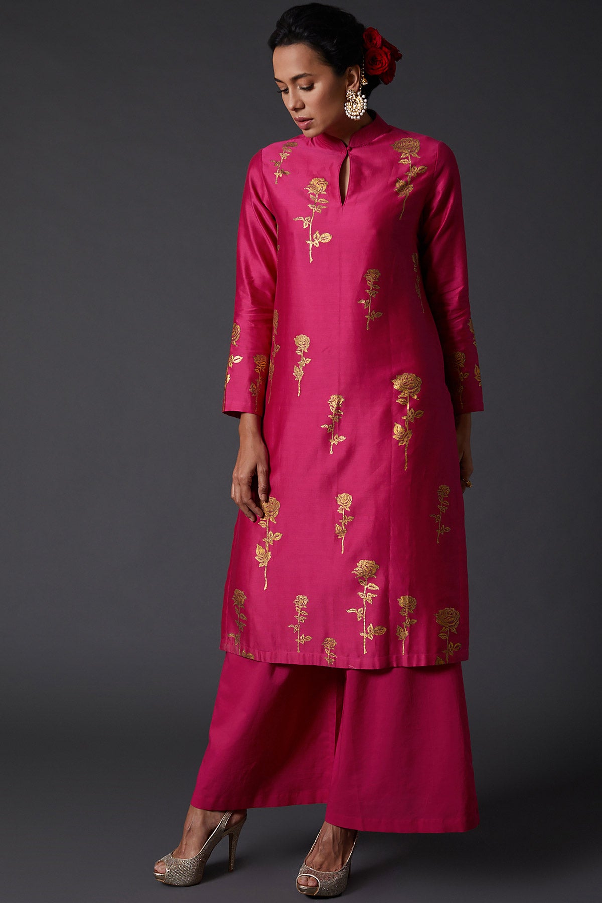 Fuchsia Block Printed Tunic Set In Chanderi Silk