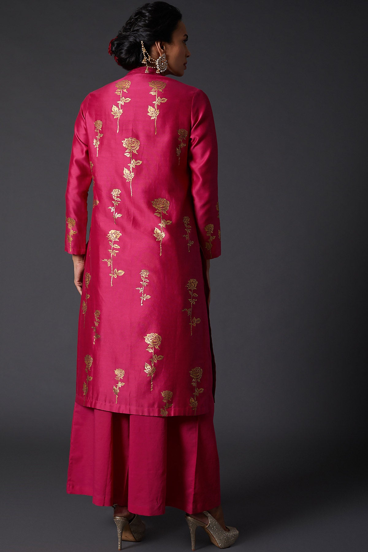 Fuchsia Block Printed Tunic Set In Chanderi Silk