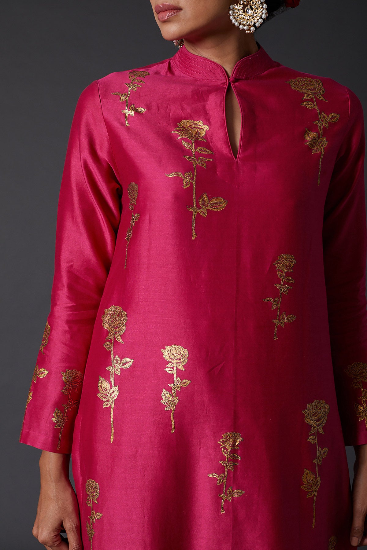 Fuchsia Block Printed Tunic Set In Chanderi Silk