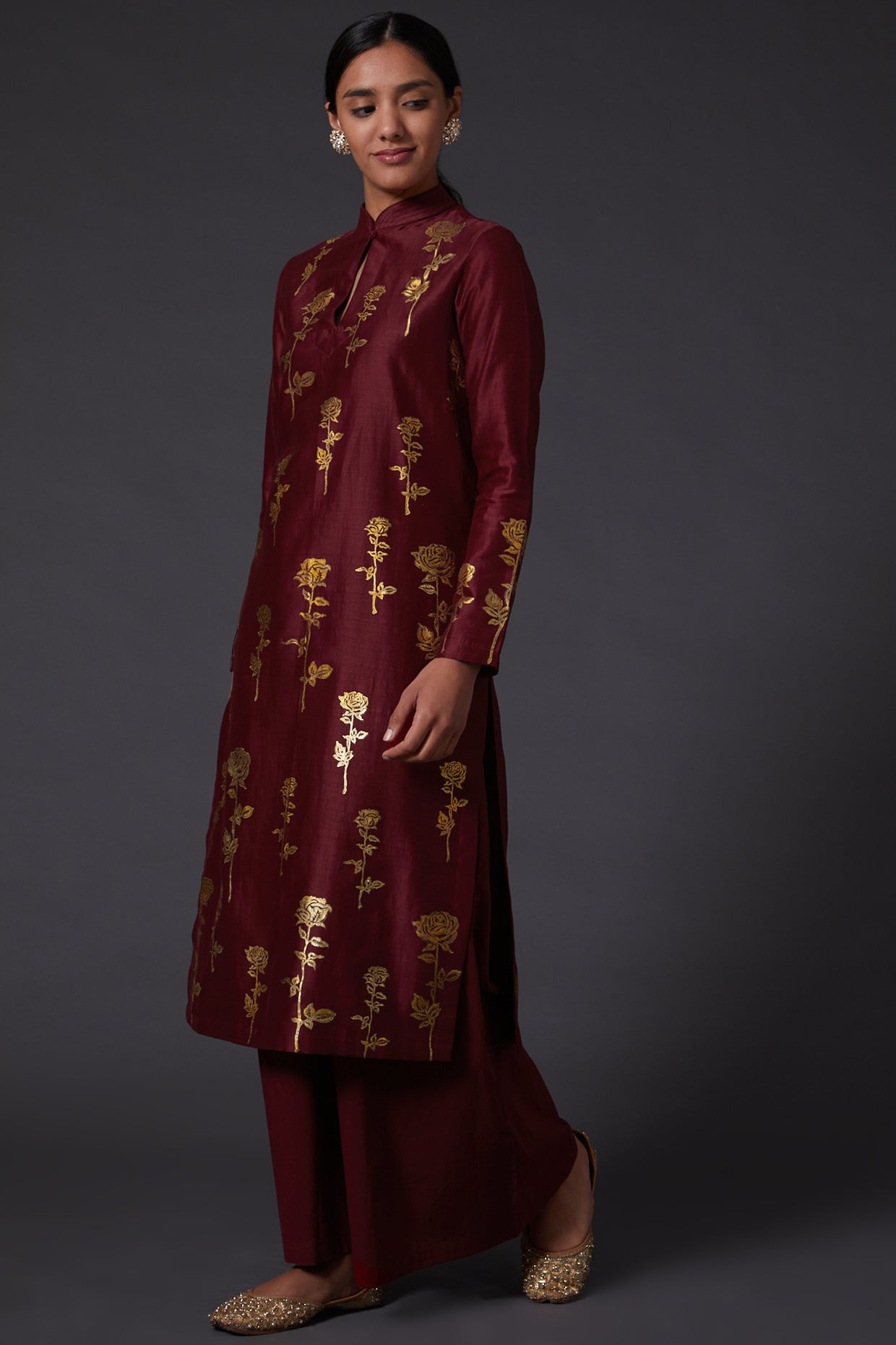 Wine & Gold Block Printed Tunic Set