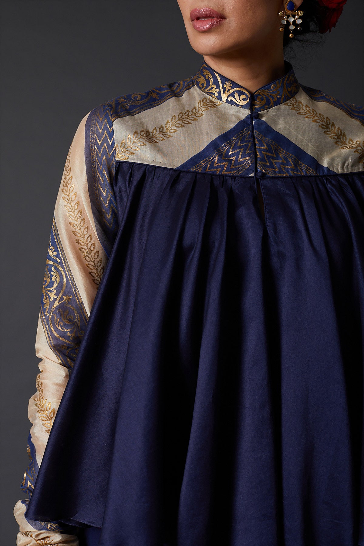 Indigo Blue Block Printed Chanderi Silk Tunic Set