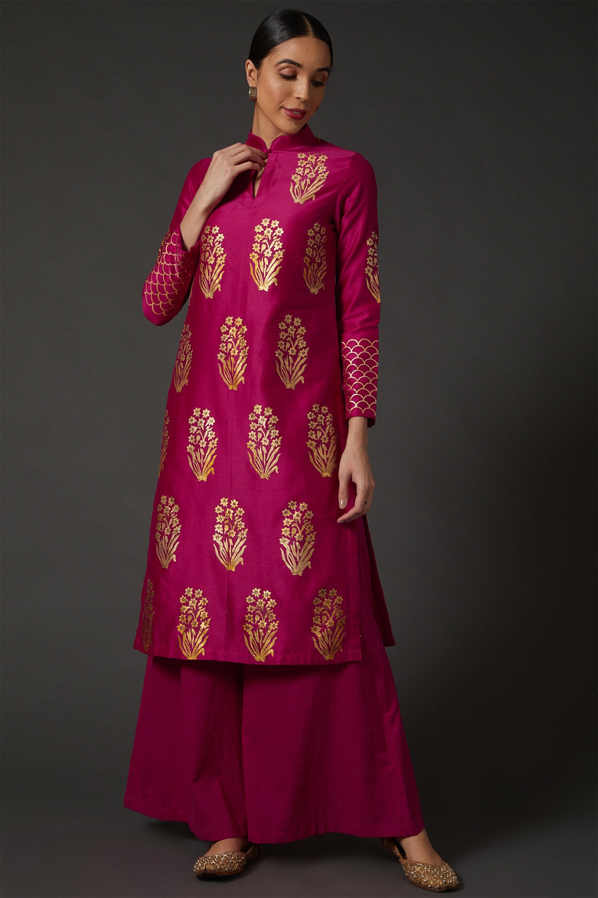 Fuchsia & Gold Block Printed Tunic Set