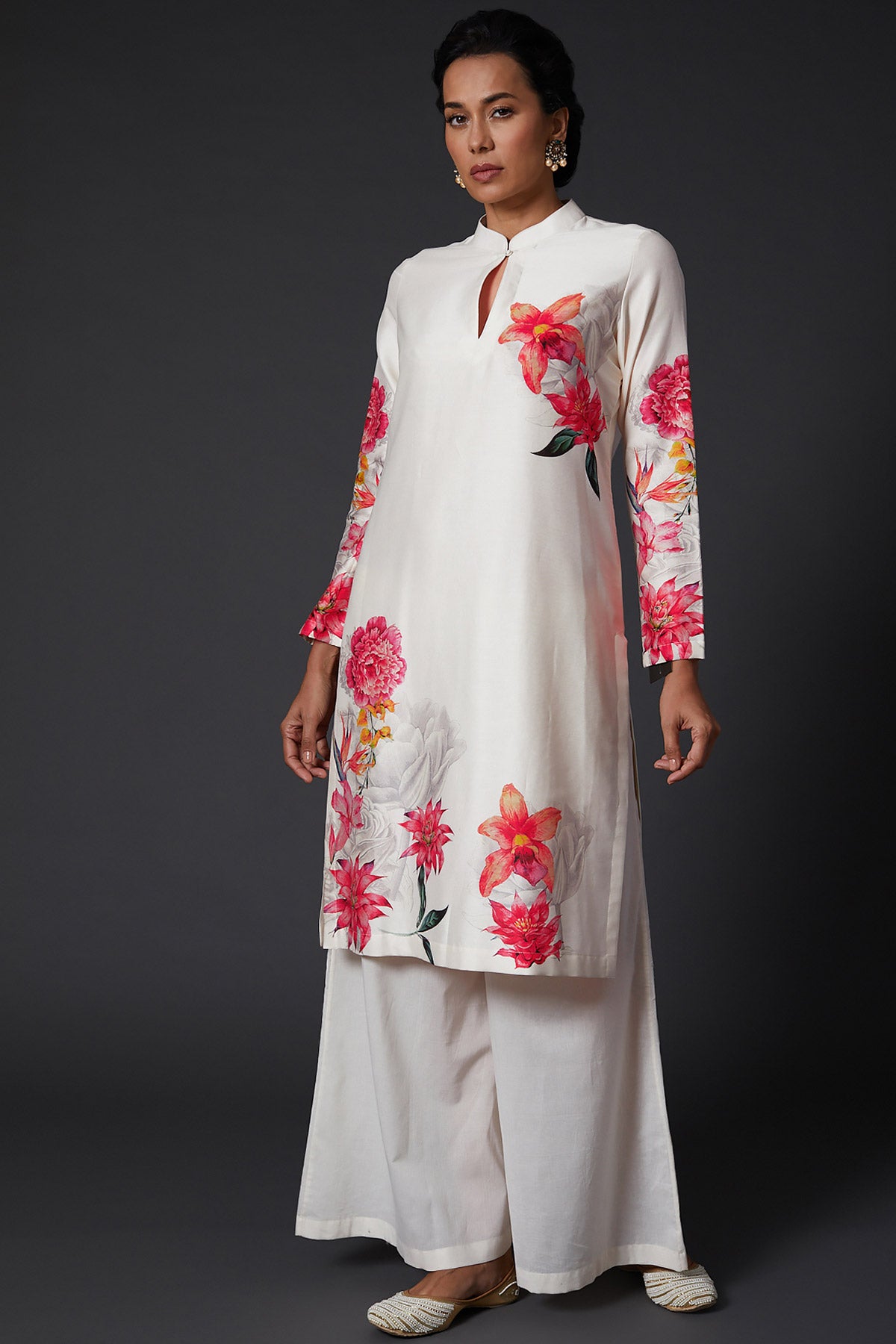 Ivory Printed Chanderi Silk Tunic Set