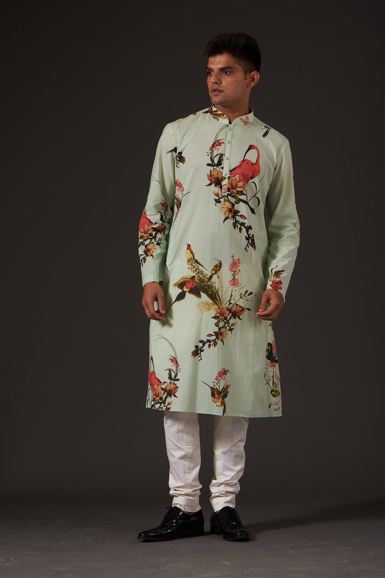 Men's Kurta Set with Floral & Bird Digital Print