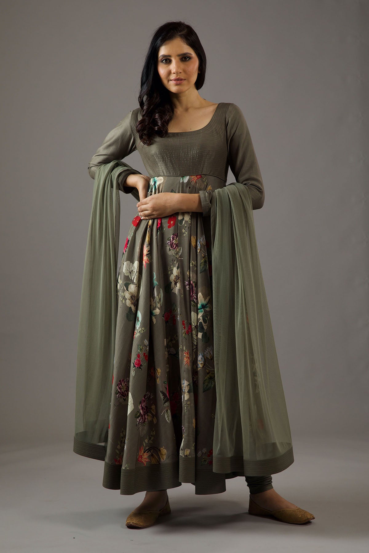 Chanderi Silk Pewter Printed Anarkali Set