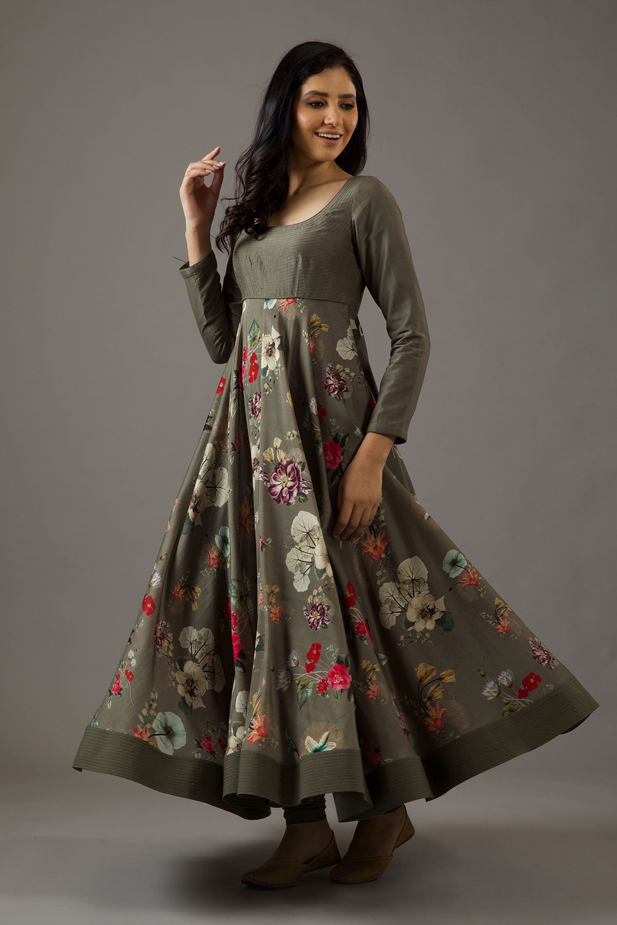 Chanderi Silk Pewter Printed Anarkali Set