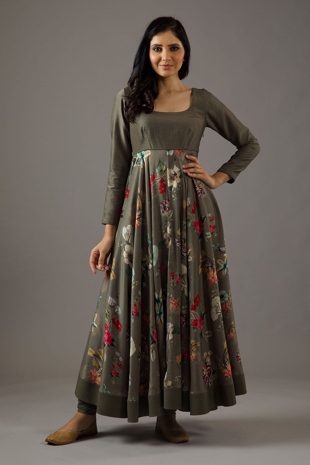 Chanderi Silk Pewter Printed Anarkali Set