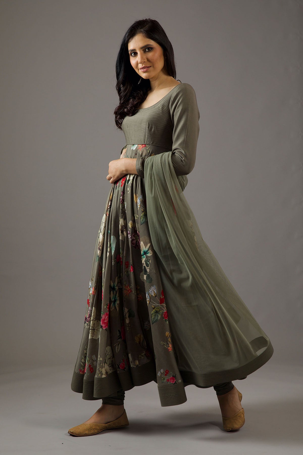 Chanderi Silk Pewter Printed Anarkali Set