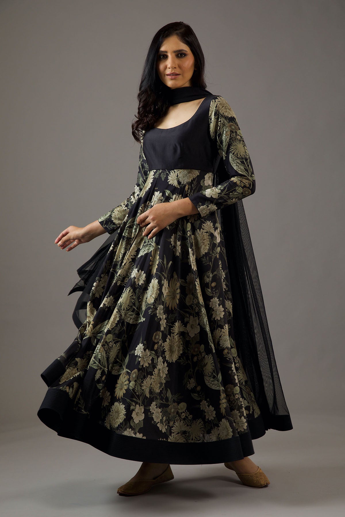 Chanderi Silk Black Printed Anarkali Set