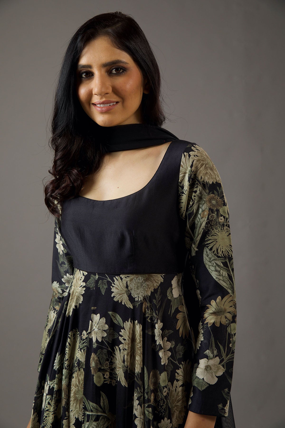 Chanderi Silk Black Printed Anarkali Set