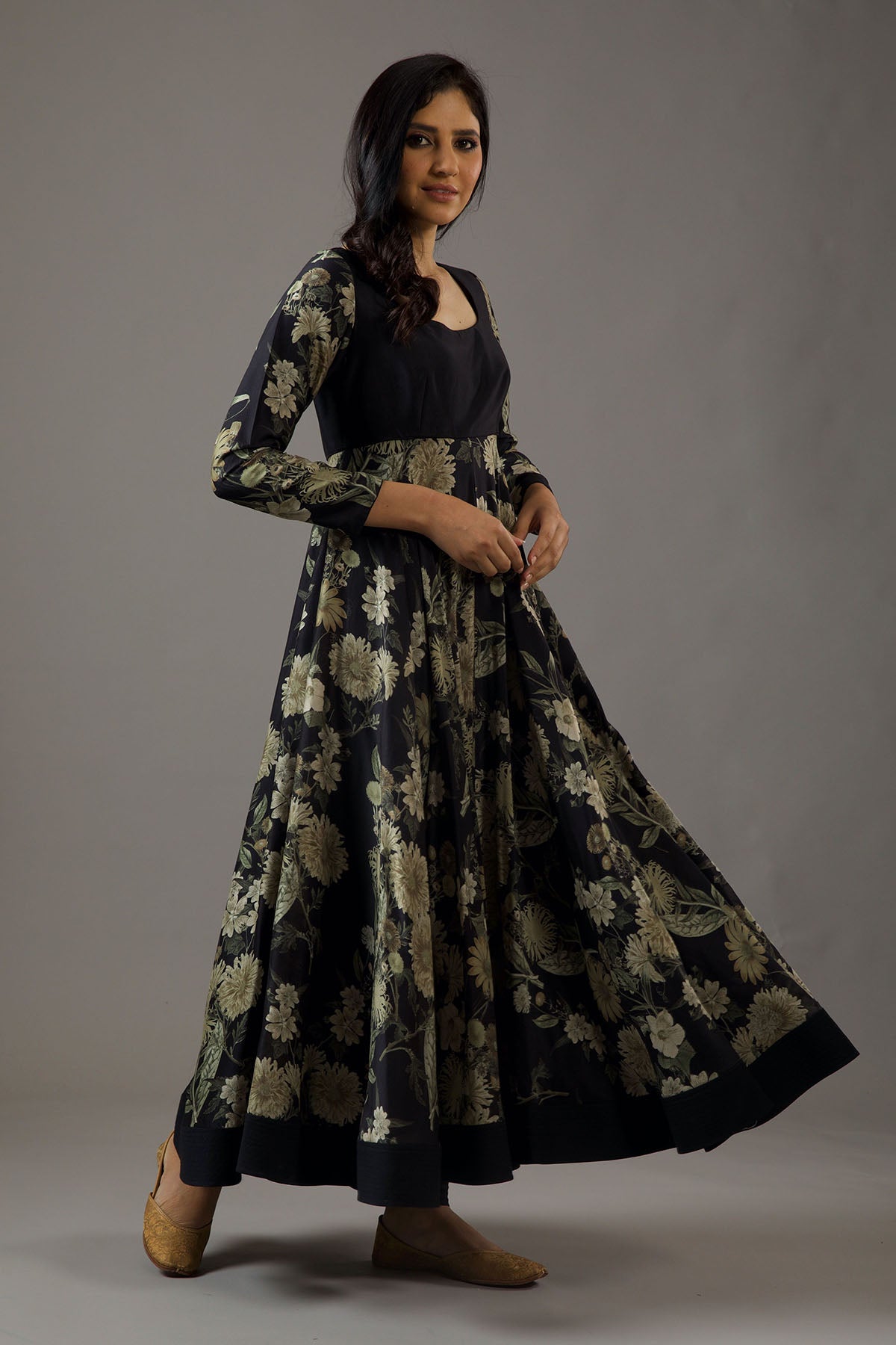 Chanderi Silk Black Printed Anarkali Set