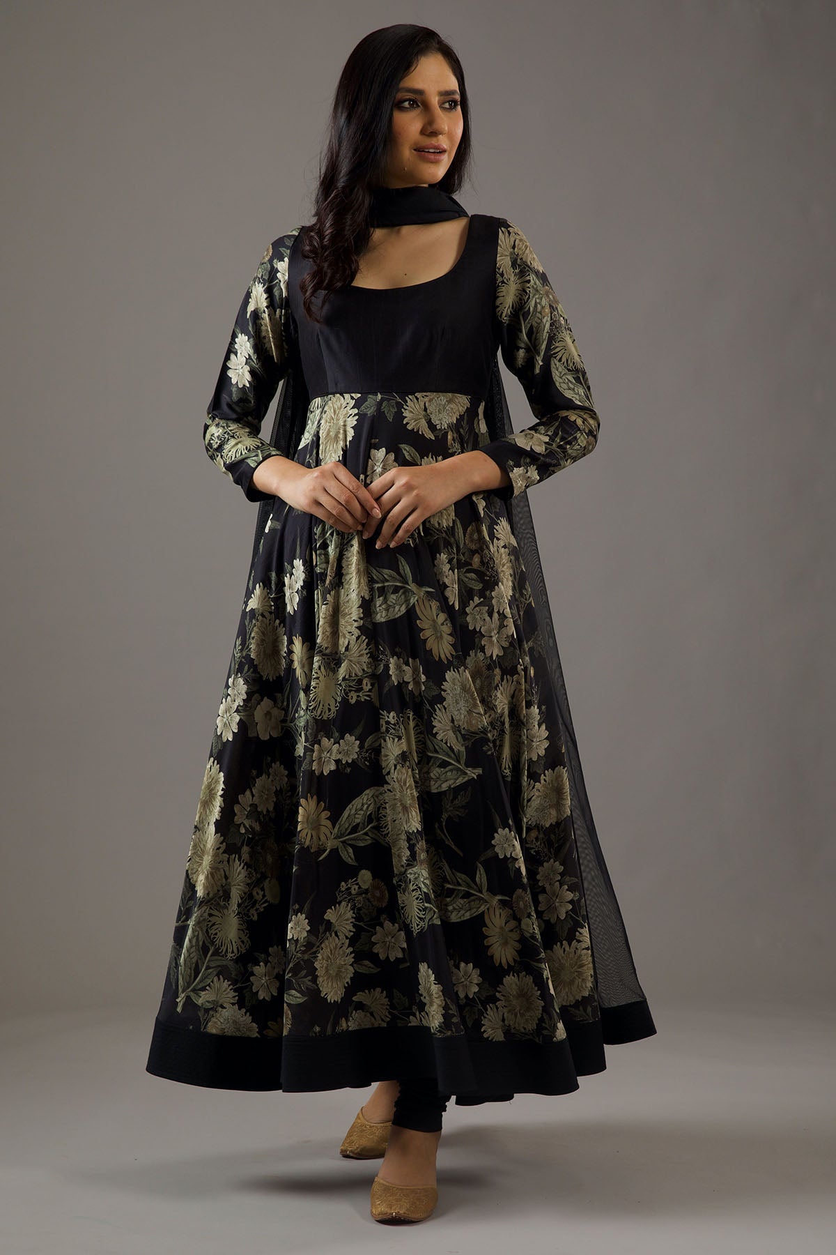 Chanderi Silk Black Printed Anarkali Set