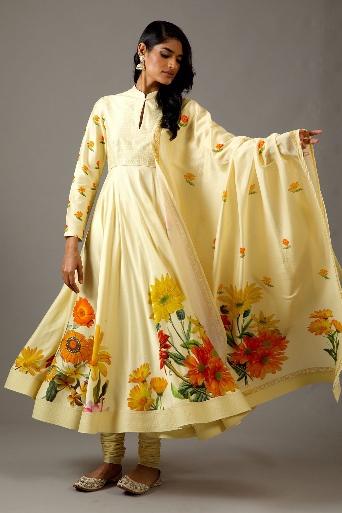 Chanderi Silk Lemon Yellow Printed Anarkali Set