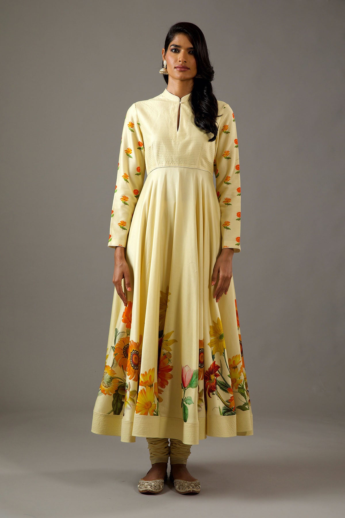 Chanderi Silk Lemon Yellow Printed Anarkali Set