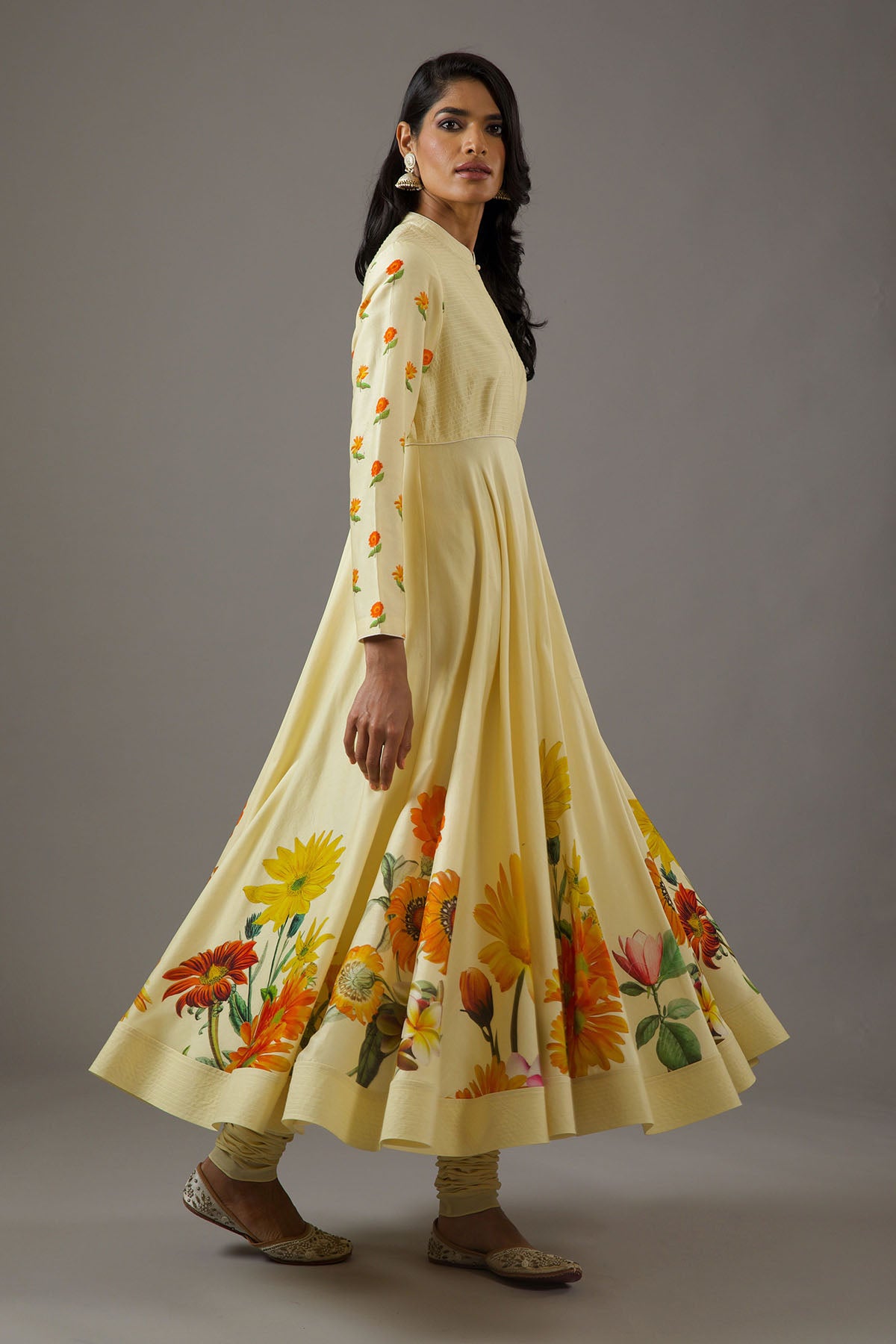 Chanderi Silk Lemon Yellow Printed Anarkali Set