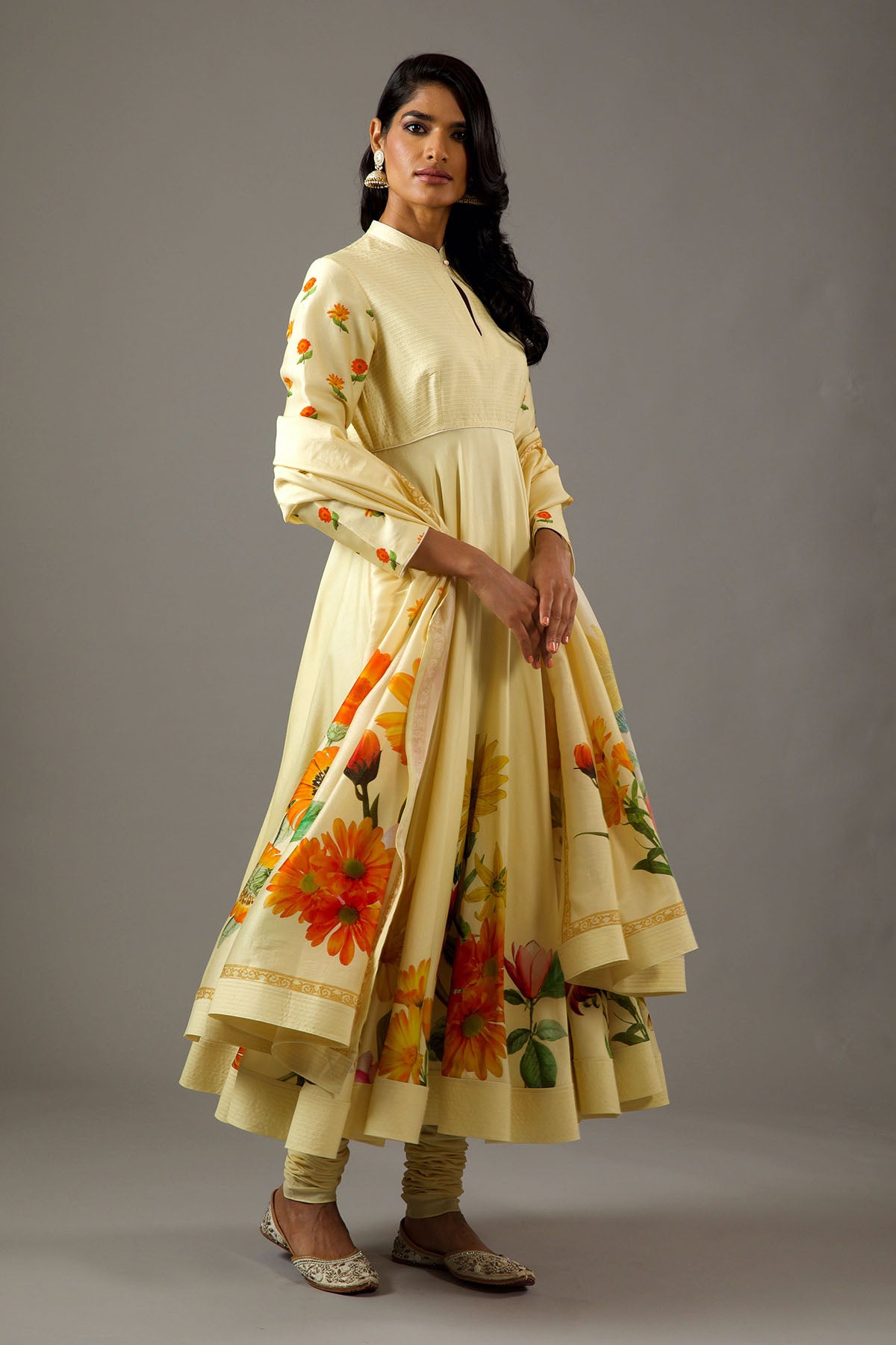 Chanderi Silk Lemon Yellow Printed Anarkali Set