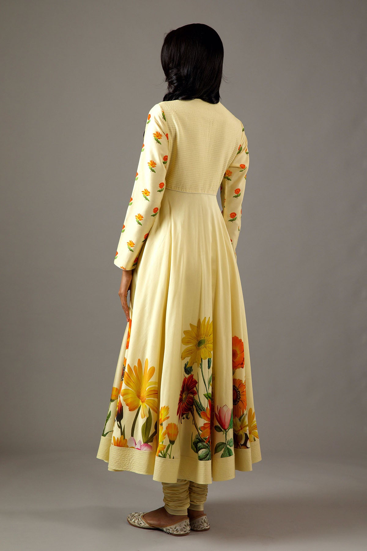 Chanderi Silk Lemon Yellow Printed Anarkali Set