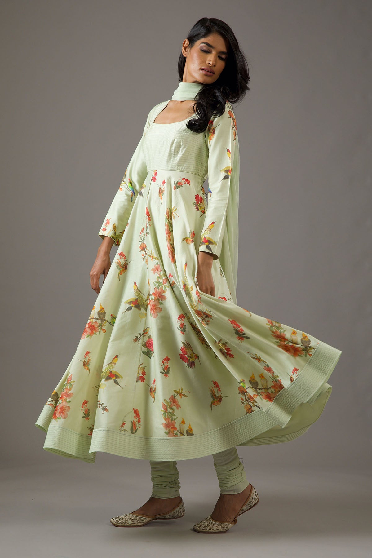 Chanderi Silk Mint Green Printed Anarkali Set