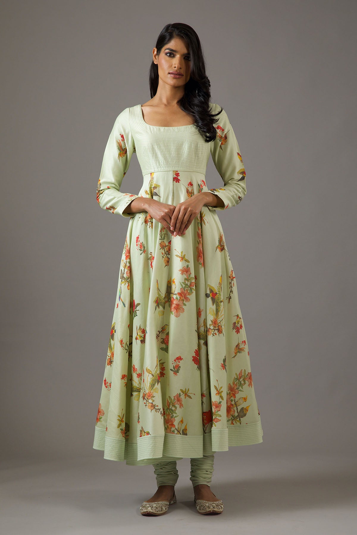 Chanderi Silk Mint Green Printed Anarkali Set