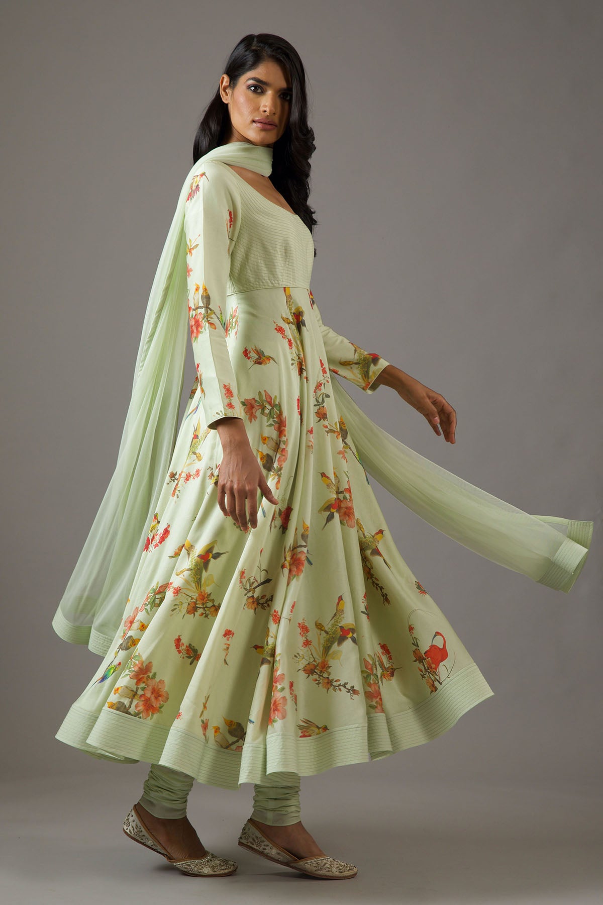 Chanderi Silk Mint Green Printed Anarkali Set