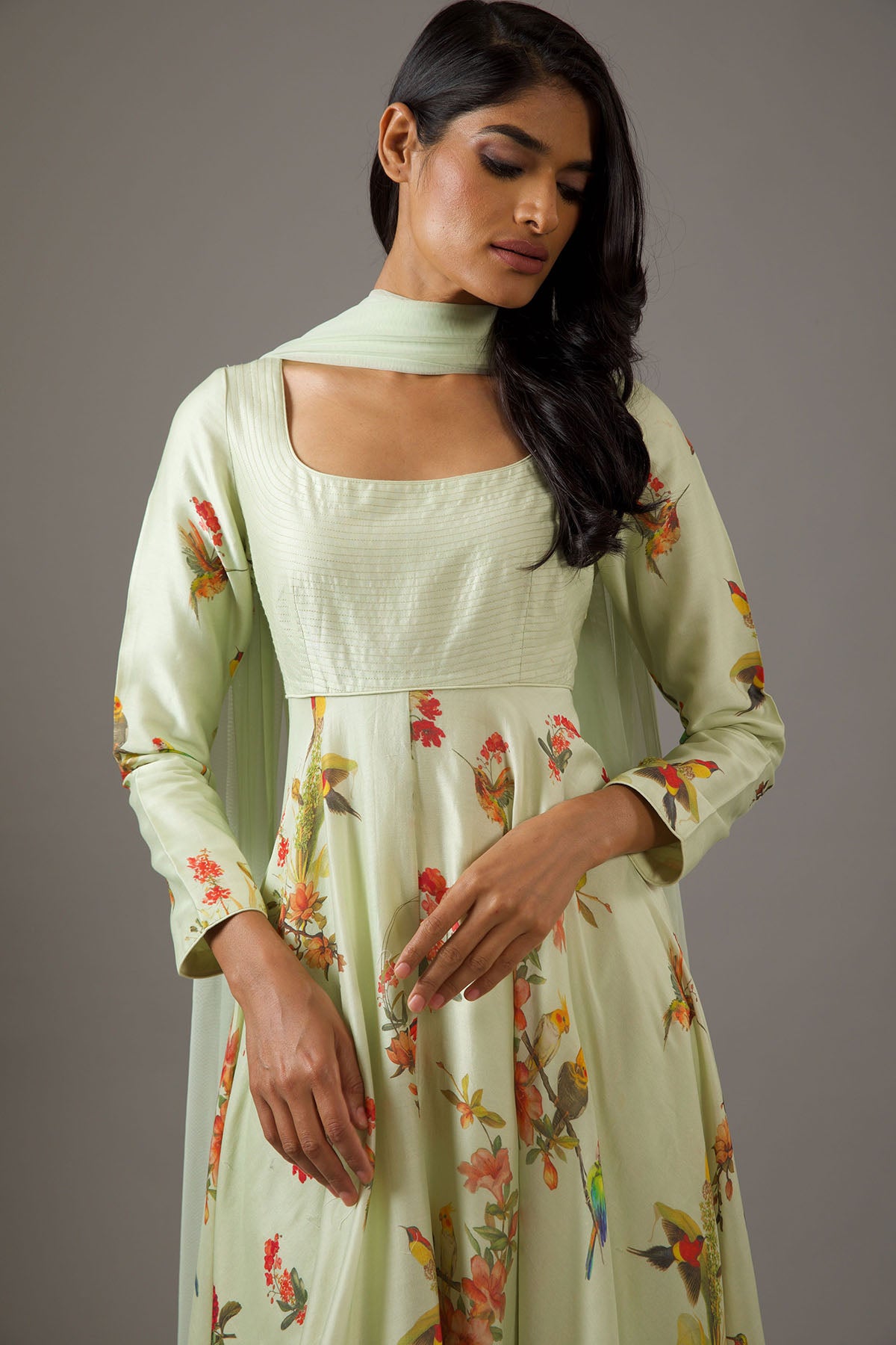 Chanderi Silk Mint Green Printed Anarkali Set