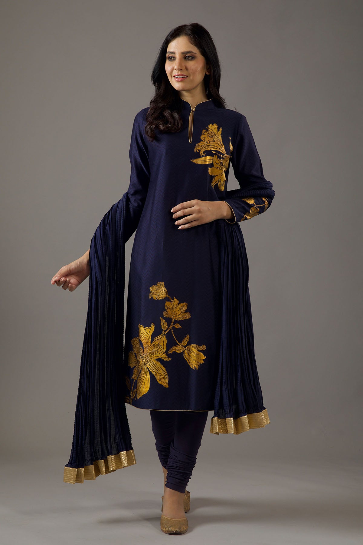 Chanderi Sillk Gold Foil Tunic Set