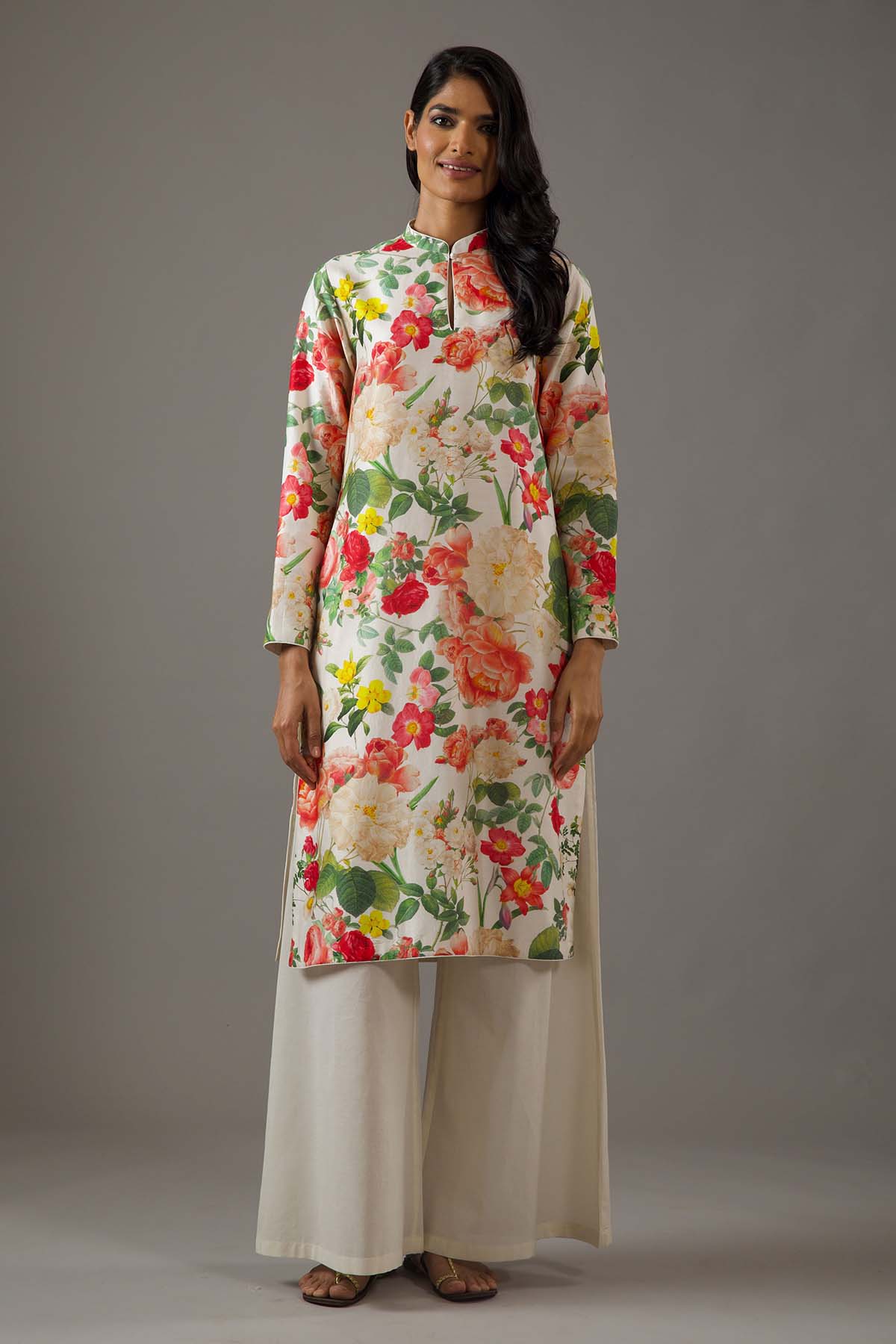 Chanderi Silk Ivory Floral Printed Tunic Set